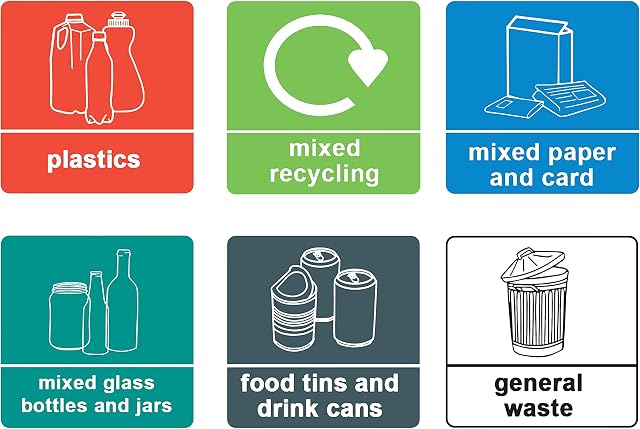 1 x Recycling Set of 6 - Info Sign Label Removable Self Adhesive Waterproof Durable Vinyl Label Stickers 150mm x 150mm