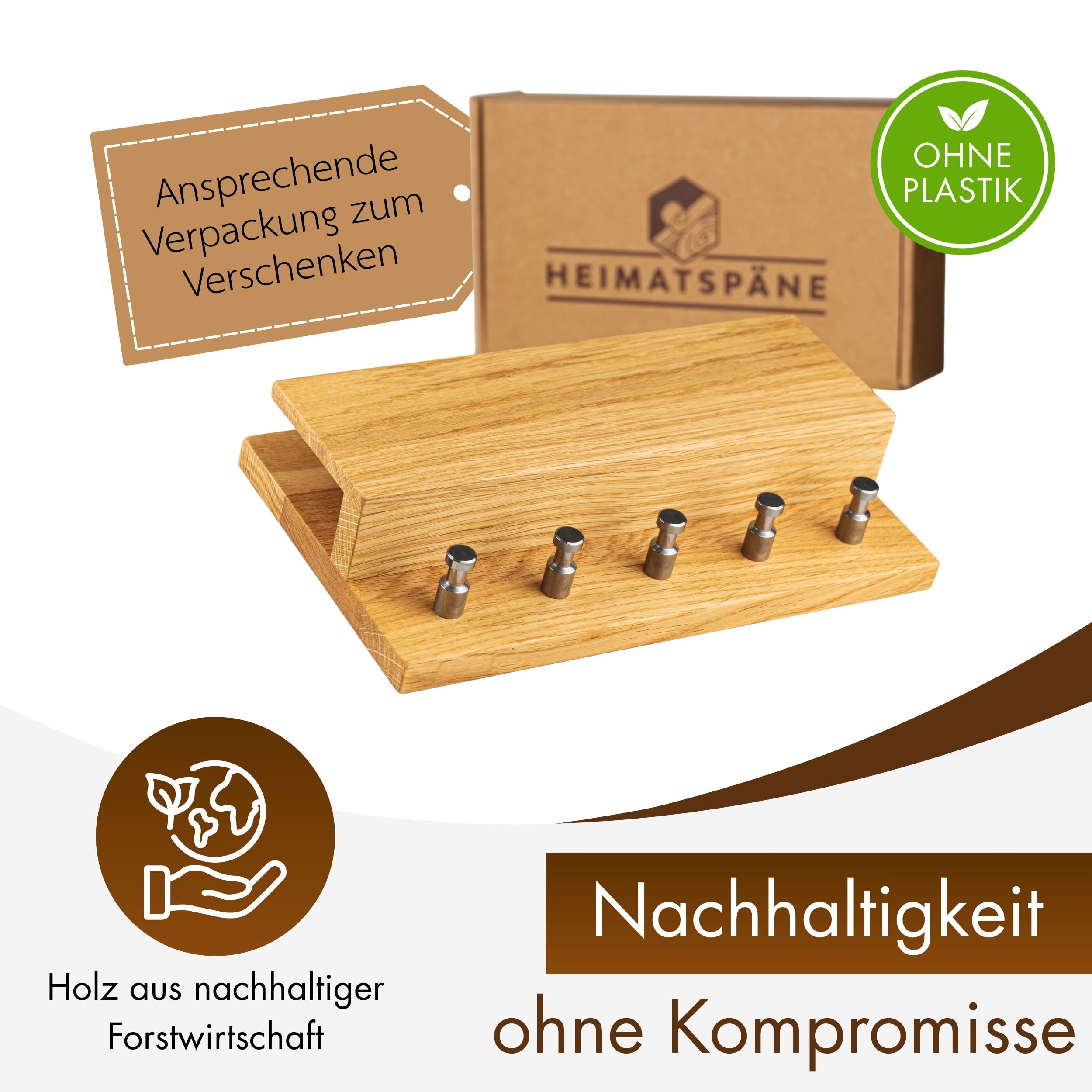 Heimatspäne Schlüsselbrett Holz – Hochwertige Edelstahlhaken und echtes Eichenholz – handgemachtes Schlüsselbrett aus Holz mit Ablage