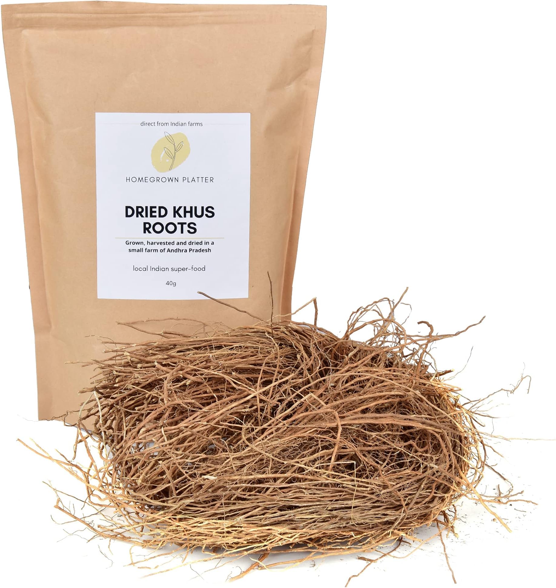 Homegrown Platter Pure Vetiver Roots, 40g | 100% Natural Khas ki Jad | Dried Vetiveria Zizanioides | Khus Root for Cool Gut, Ulcers, Skin Hydration, Constipation | Ushira
