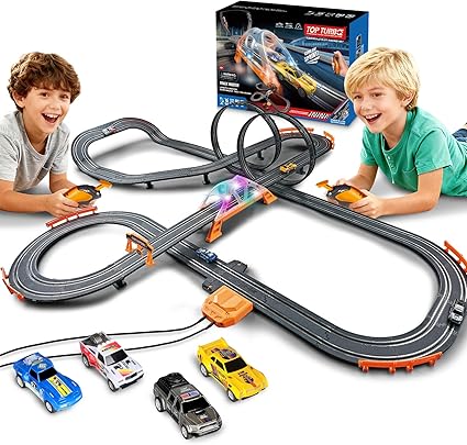 Slot Car Racing Track for Kids with 4 Cars Battery or Electric Powered Dual Racing Game Featuring Flash Bridge and Pendulum Toys Tracks Sets Gift for Boys Grils Children 7,8,9-12 Years Old