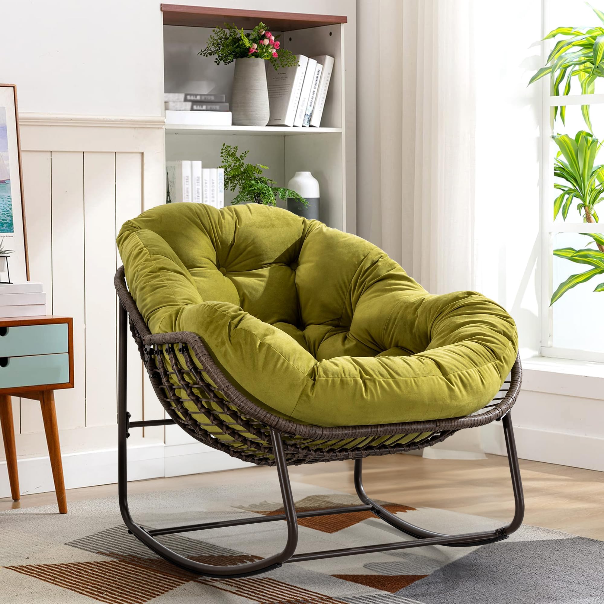 Large Indoor Outdoor Rocking Chair, Oversized Rocking Papasan Chair with Thick Cushion and Frame Outdoor Rocker, Comfy Wicker Egg Chairs Lounge for Outside Porch Patio Backyard Balcony (Olive Green)
