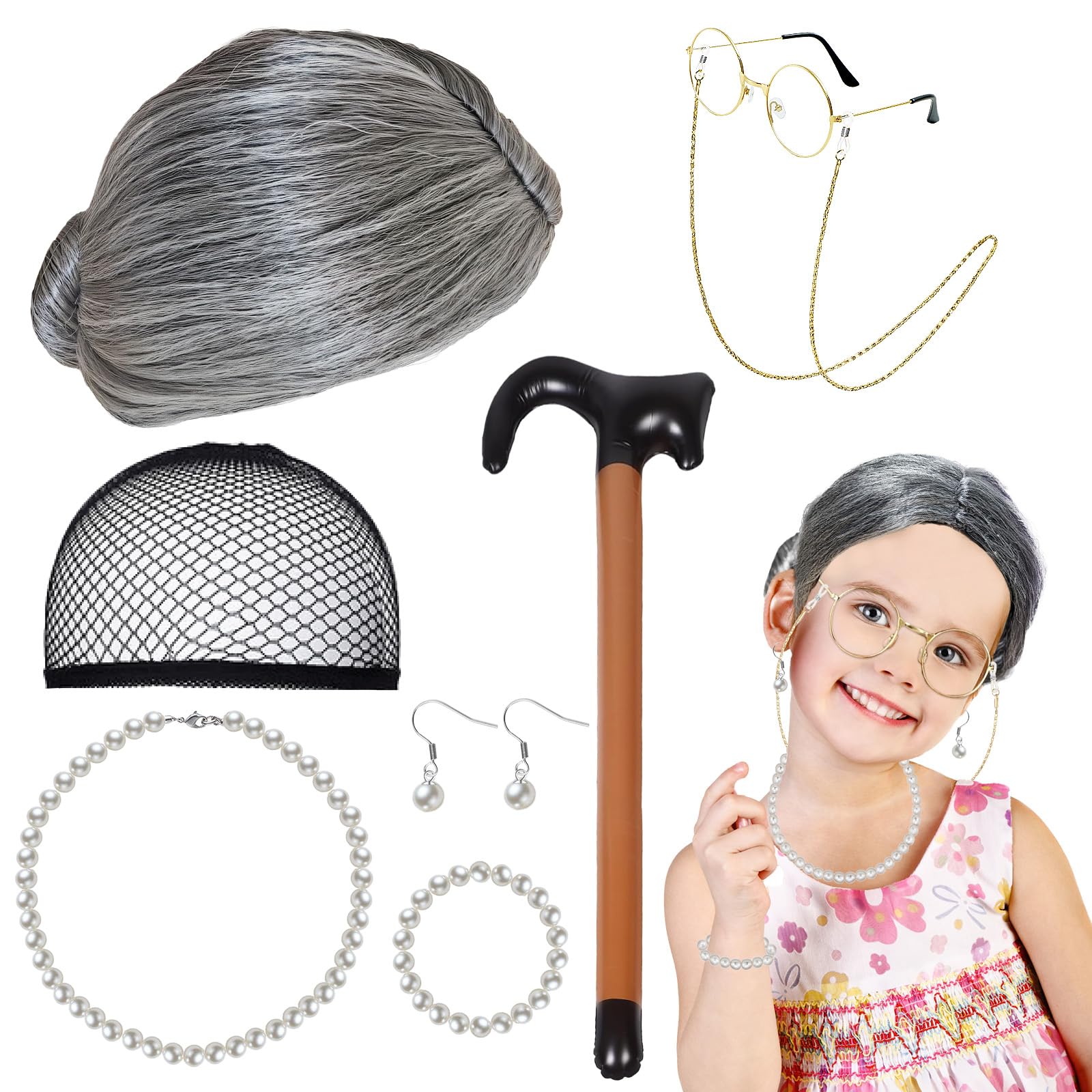 8 Piezas Disfraz Anciano,Peluca Abuela Disfraz,Peluca Abuela,Bastón Inflable para Caminar,Collar De Perlas,Pulsera, Aretes, Anteojos Con Cadena De Anteojos,Kit De Disfraces De Abuelita para Cosplay