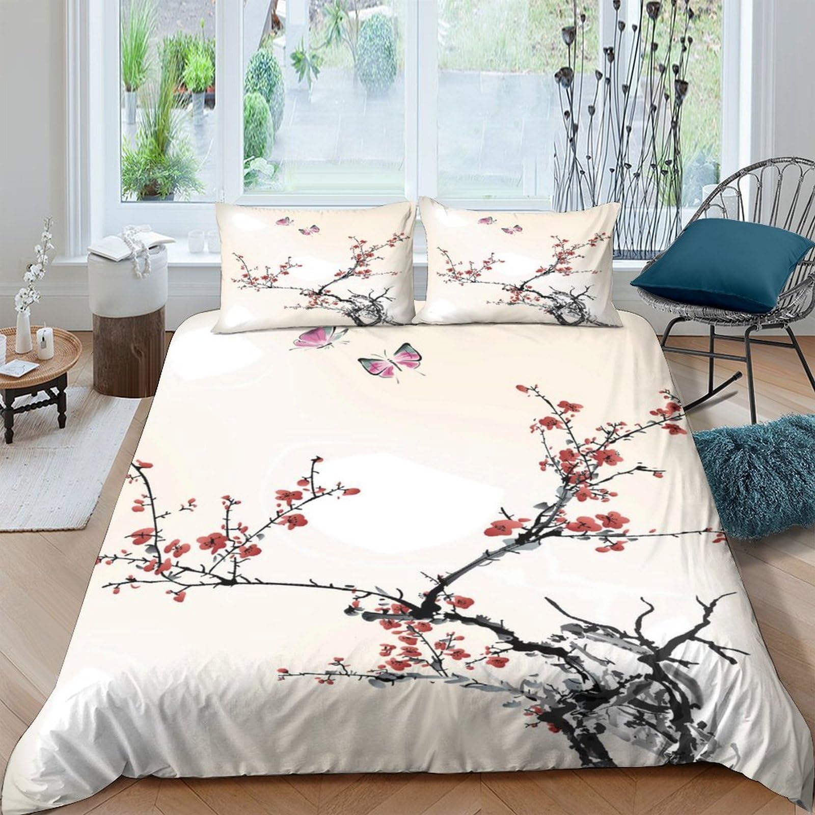 Ctjqhvkz Style-6 3D Printed Plum Blossom Fitted Sheet Microfiber Soft Breathable Butterfly Bed Cover For Bedroom Guest Room Decor Single（135X200cm）