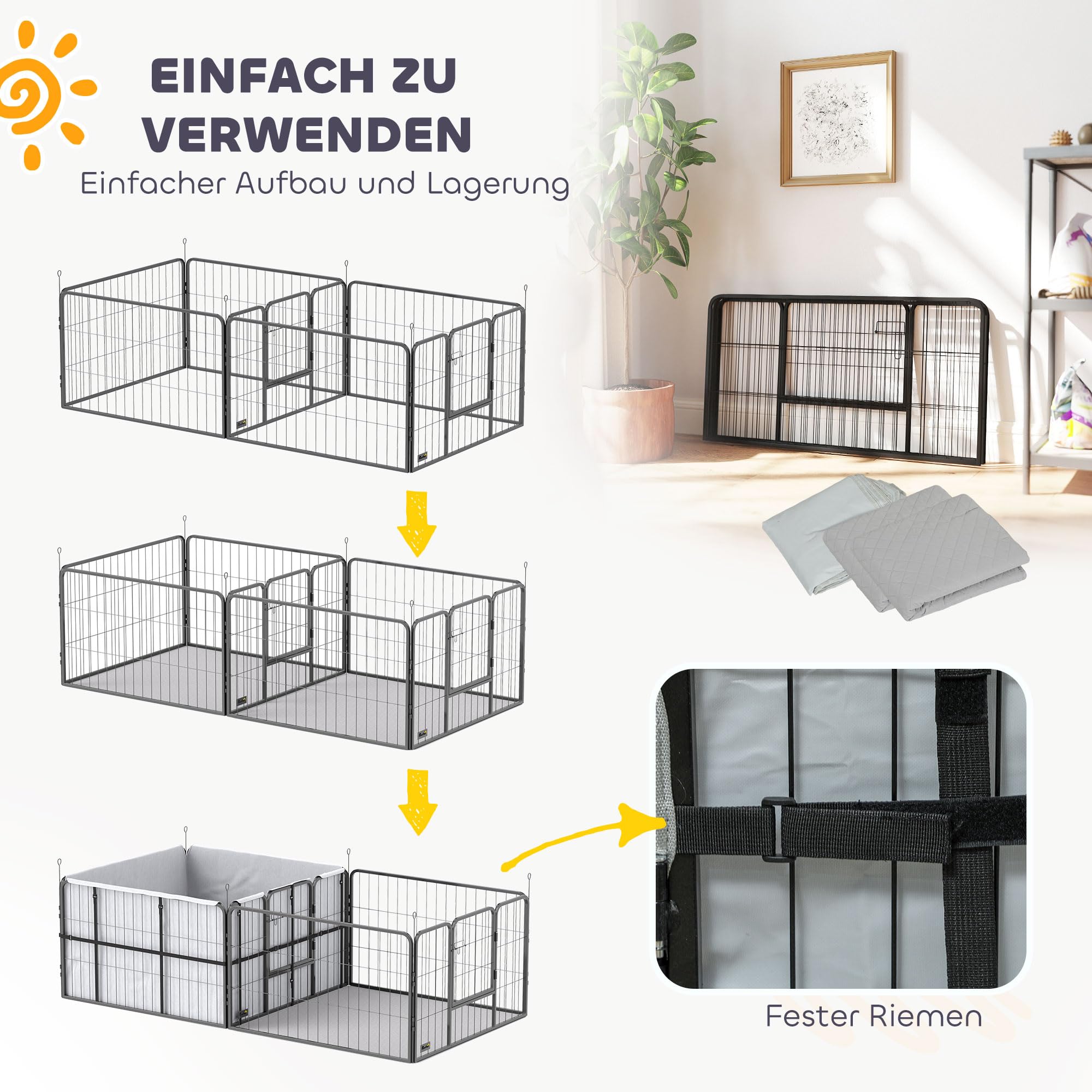 PawHut Caja para Cachorros, Parque para Cachorros con 7 Paneles, 2 Secciones, Alfombrilla Lavable, 2 Puertas, Parque para Perros pequeños y medianos 203 x 102 x 60 cm, Color Negro