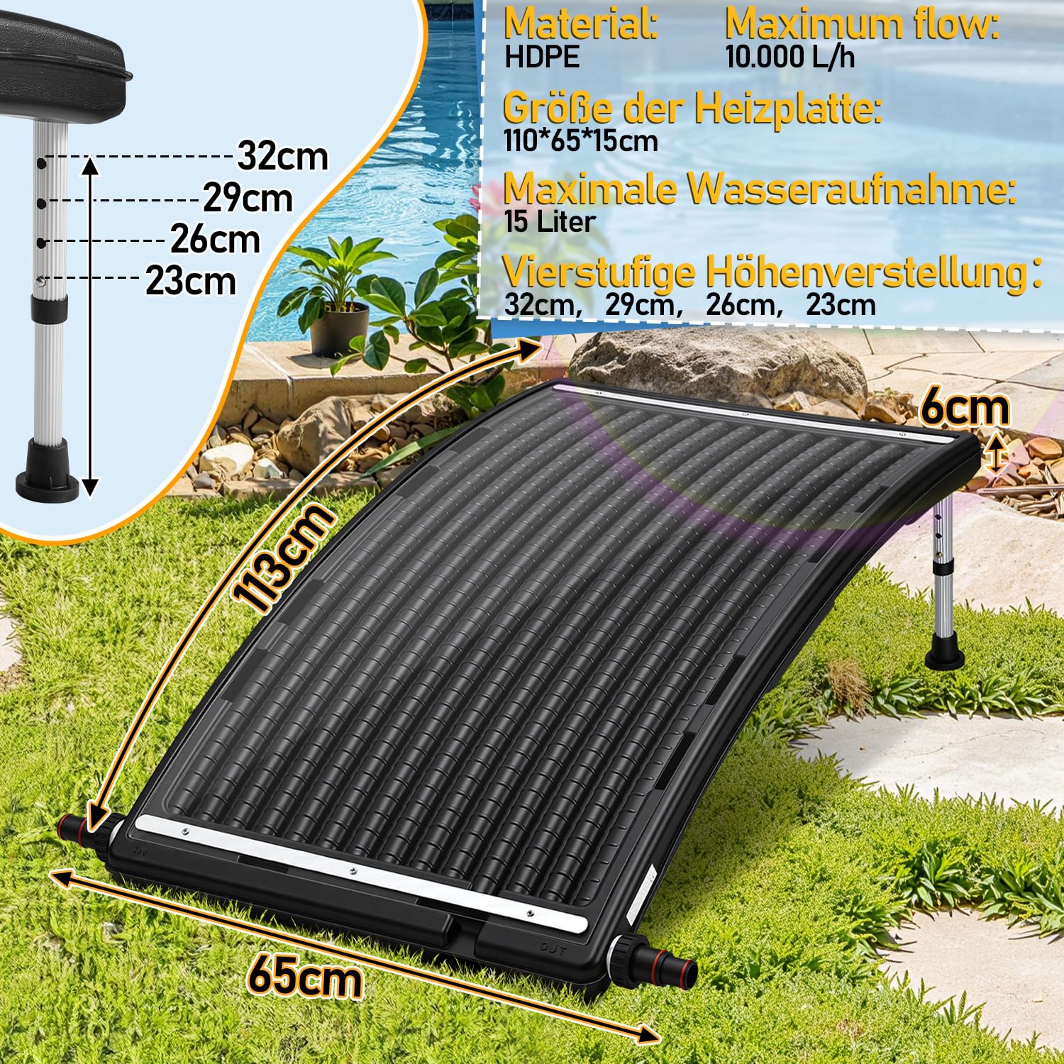 Solar Poolheizung, Solarkollektor 110 x 65 x 35cm Höhenverstellbar,Pool Solarheizung 10000 L/H,38mm Anschluss Poolheizung Erweiterbar,für Warmwasser Gartendusche Pool