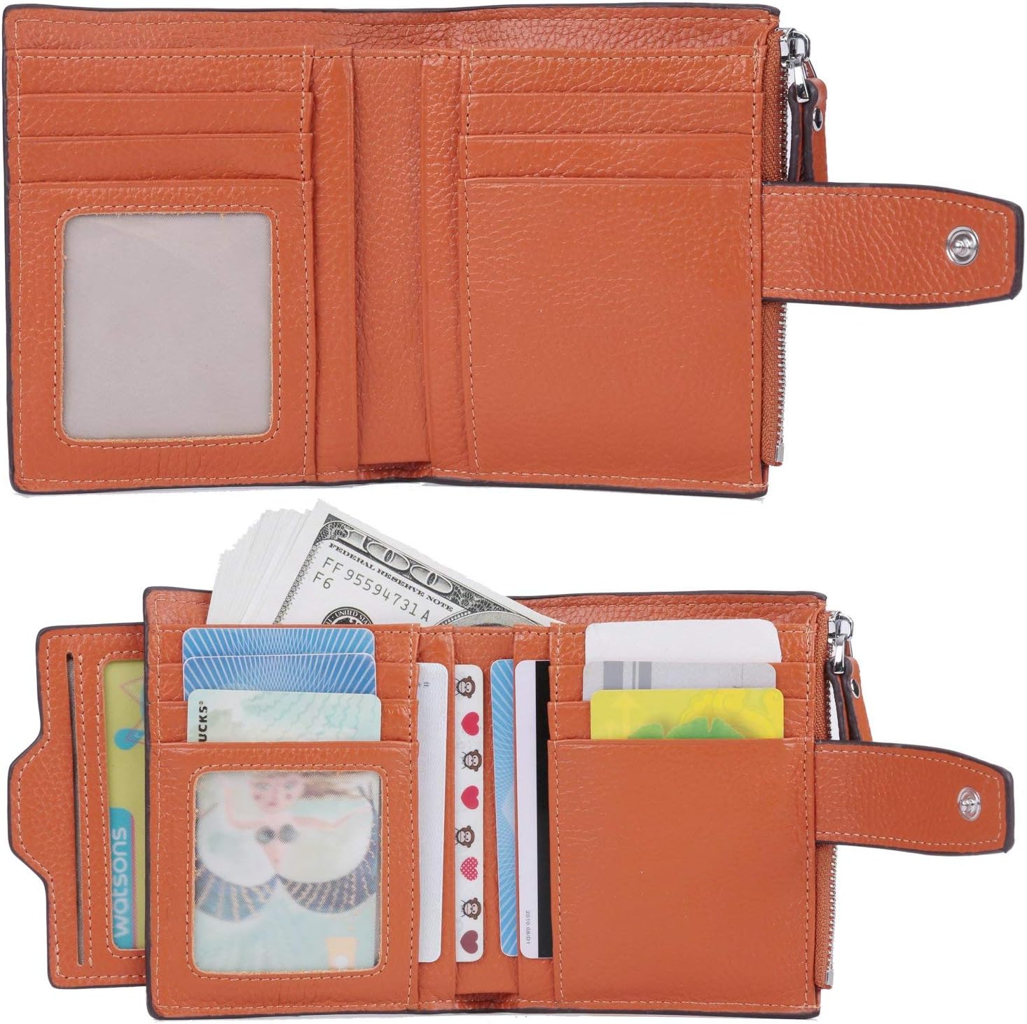 AINIMOER Women Leather Wallet RFID Blocking Small Bifold Zipper Pocket Wallet Card Case Black and Sorrel Bundle