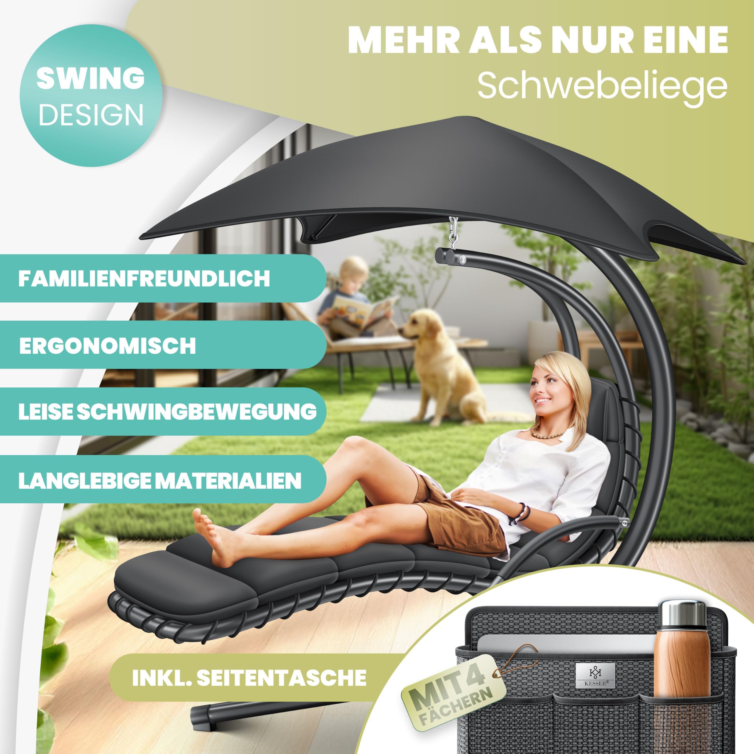 KESSER® Schwebeliege mit Sonnenschirm, Hängeliege, Sonnenliege H200, L194, B100 cm, Relaxliege, Schaukelliege Hängematte, bis 120 kg belastbar, Auflagen - Nackenkissen, Inkl. Tasche