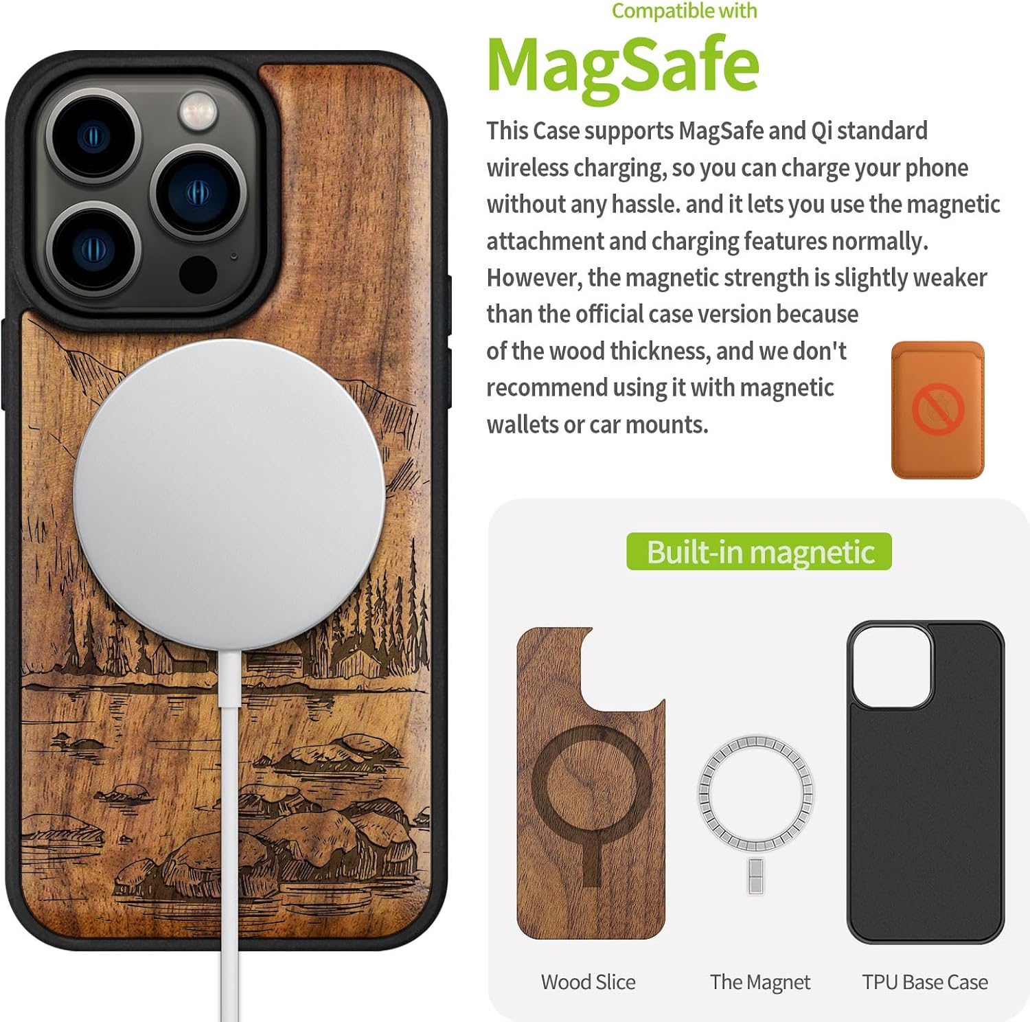 Carveit Magnetic Wood Case for iPhone 14 Pro Case [Natural Wood & Black Soft TPU] Unique & Classy Wooden Shockproof Protective Cover Compatible with magsafe (Lakes and Mountains -Walnut)