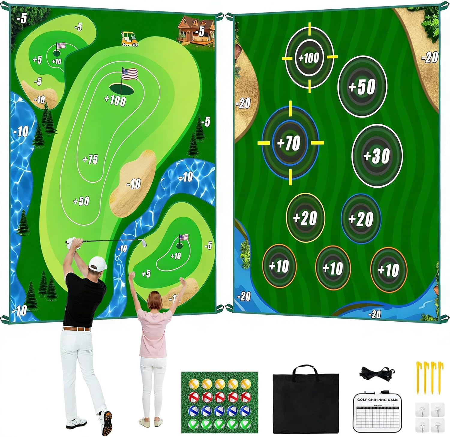 Golf Chipping Game Mat with Scoreboard, Indoor Outdoor Putting Practice Mat, Portable Golf Training Aid for Home Garage Yard Park Balcony