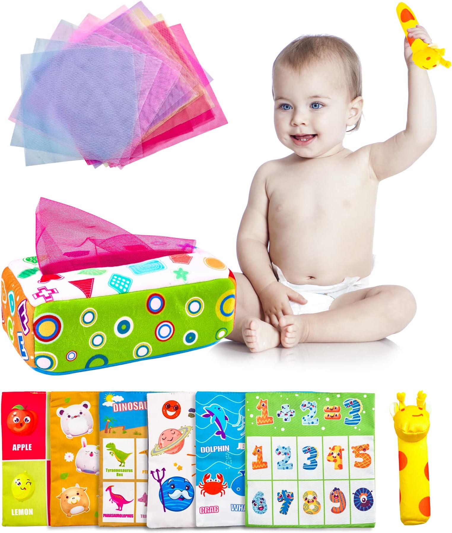 Baby Tissue Box Toy for Babies 6 Months Plus Sensory Toys Montessori Toys Tissue Box with 20 Colorful Scarves & 6 Crinkle Tissue Papers & 1 Rattle Early Learning Educational Preschool Gifts Toy