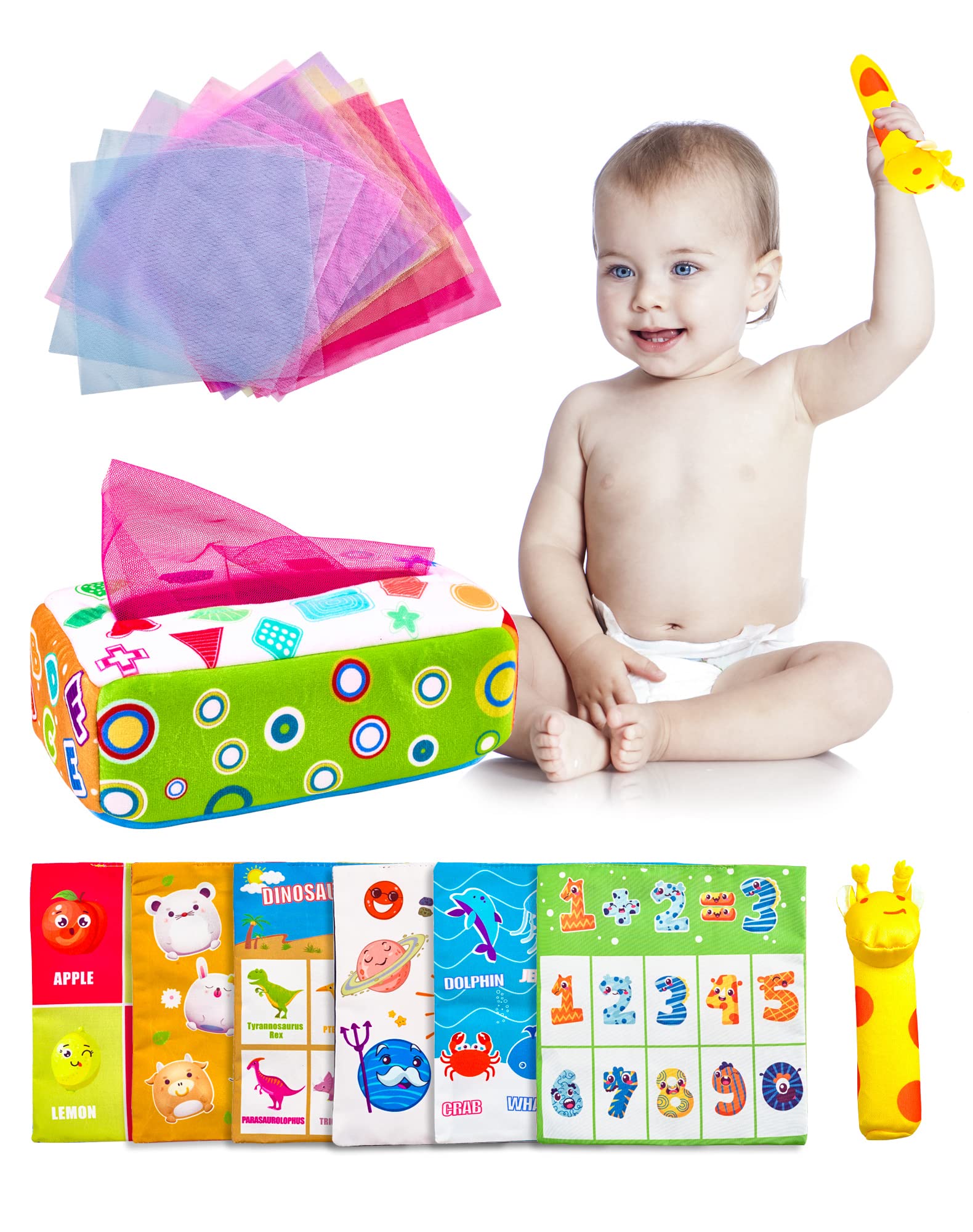 Baby Tissue Box Toy for Babies 6 Months Plus Sensory Toys Montessori Toys Tissue Box with 20 Colorful Scarves ＆ 6 Crinkle Tissue Papers ＆ 1 Rattle Early Learning Educational Preschool Gifts Toy