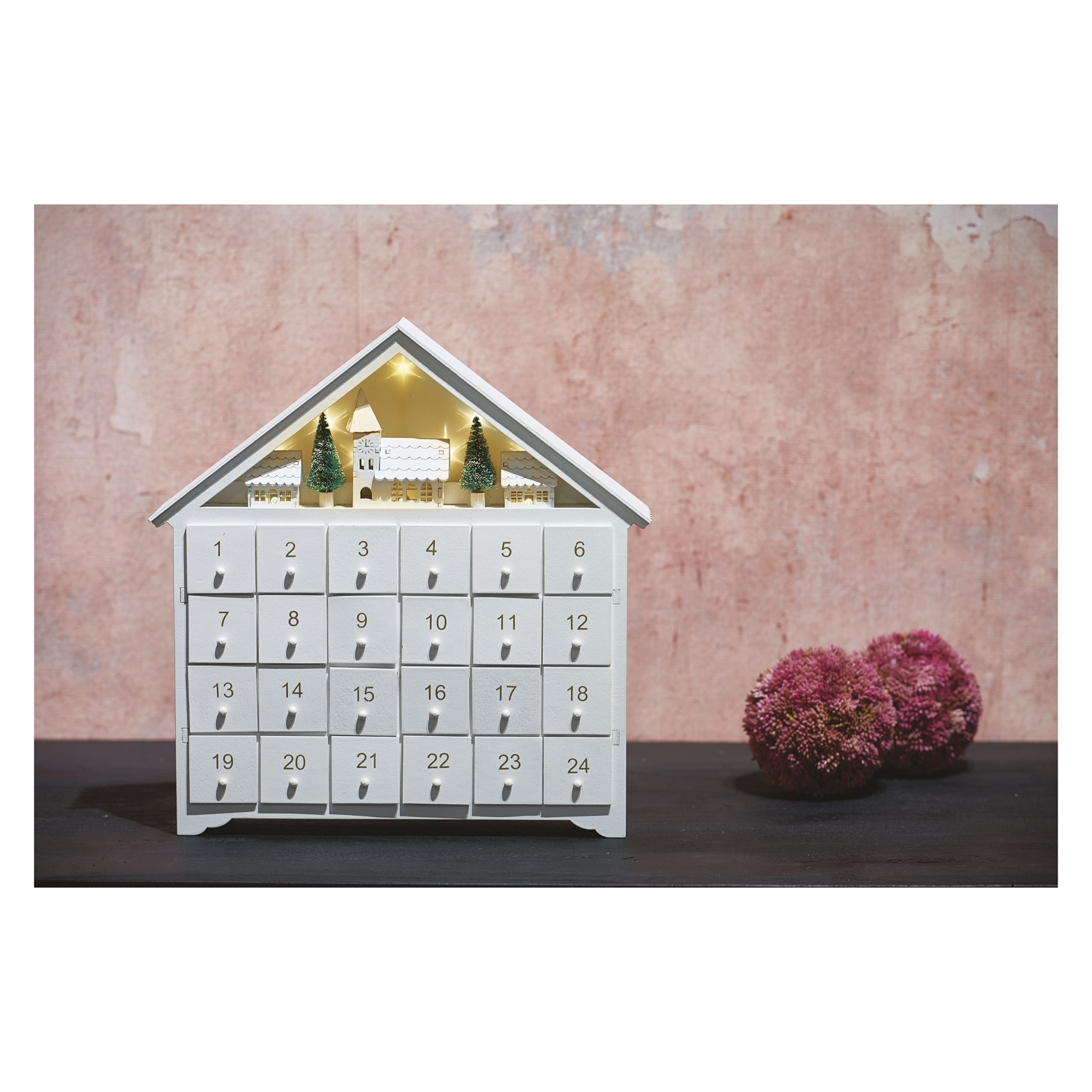 EMOS Calendario de Adviento luminoso de madera, con minicaja y pueblo de invierno, 8 ledes de luz blanca cálida, decoración navideña, IP20 para interiores, vida útil de 10.000 horas, temporizador de