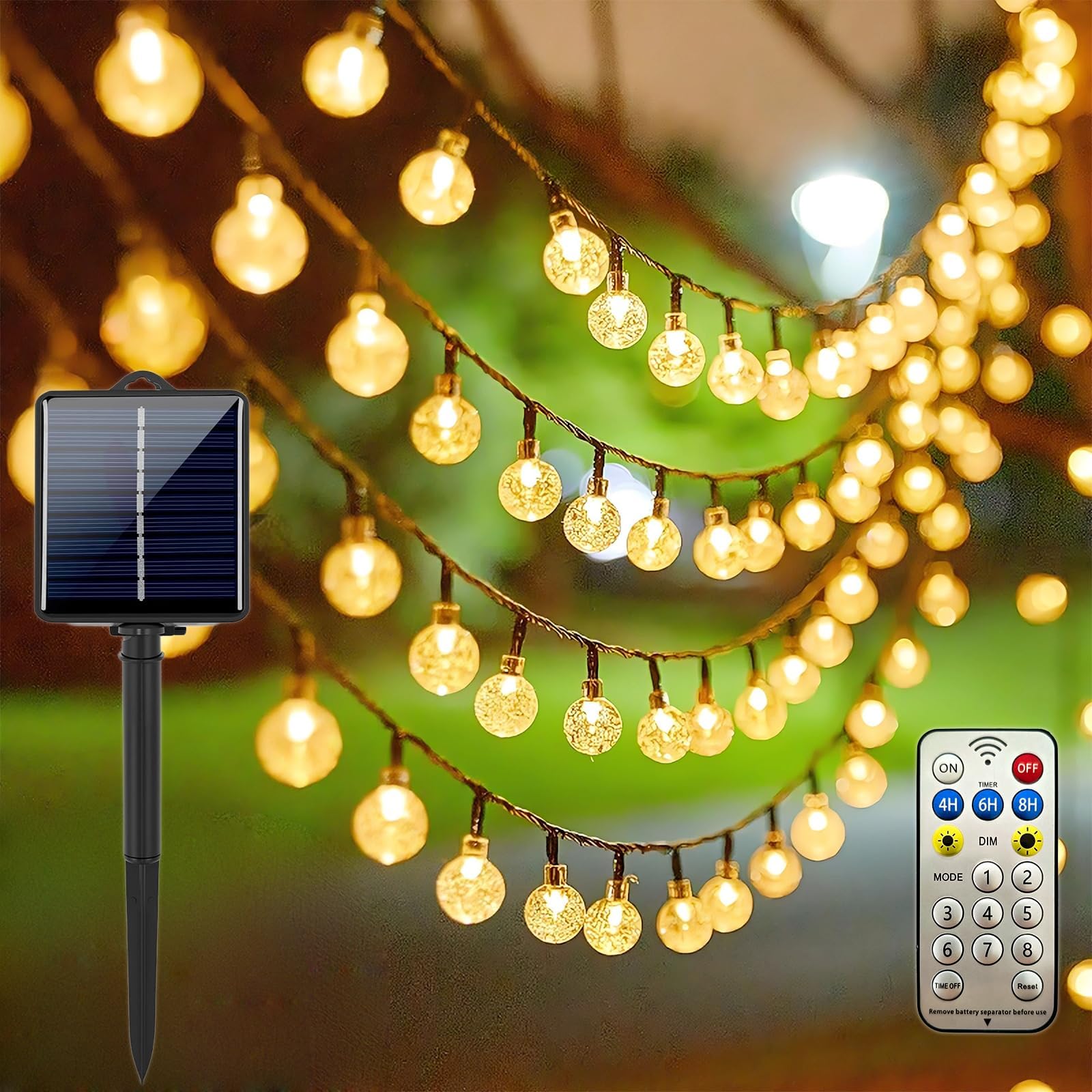 Solar LED String Lights, 50 Lights, 26.2 ft (7 m), Remote Control, 8 Modes Switching & Timer Function, IP65 Waterproof, Auto Sunset, Auto-Off, Daytime Off, Outdoor Gardening, Camping, Gardening