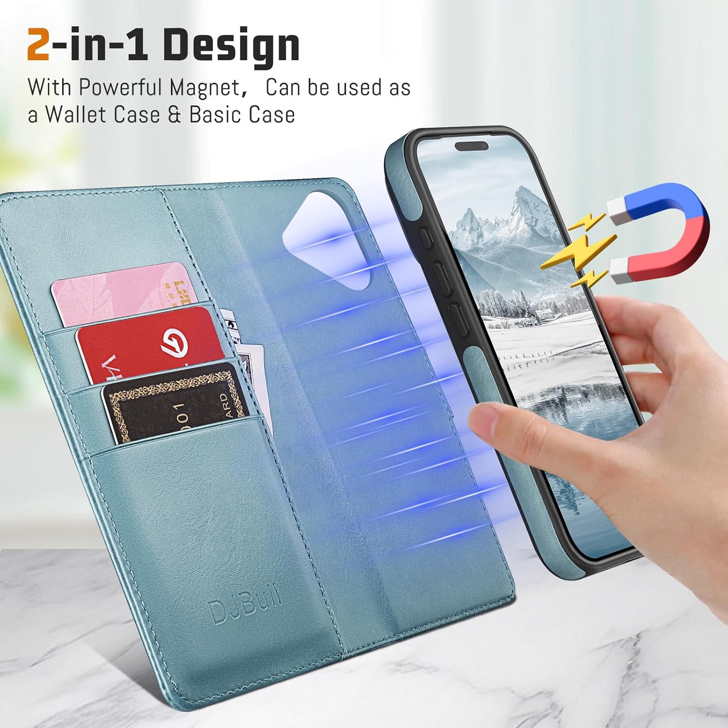 DJBull 2-in-1 Detachable Wallet Case for iPhone 17 6.3" RFID Blocking Flip Folio with Card Holder | PU Leather Shockproof Protective Cover Women Men for Apple 17 Phone Case Sky Blue
