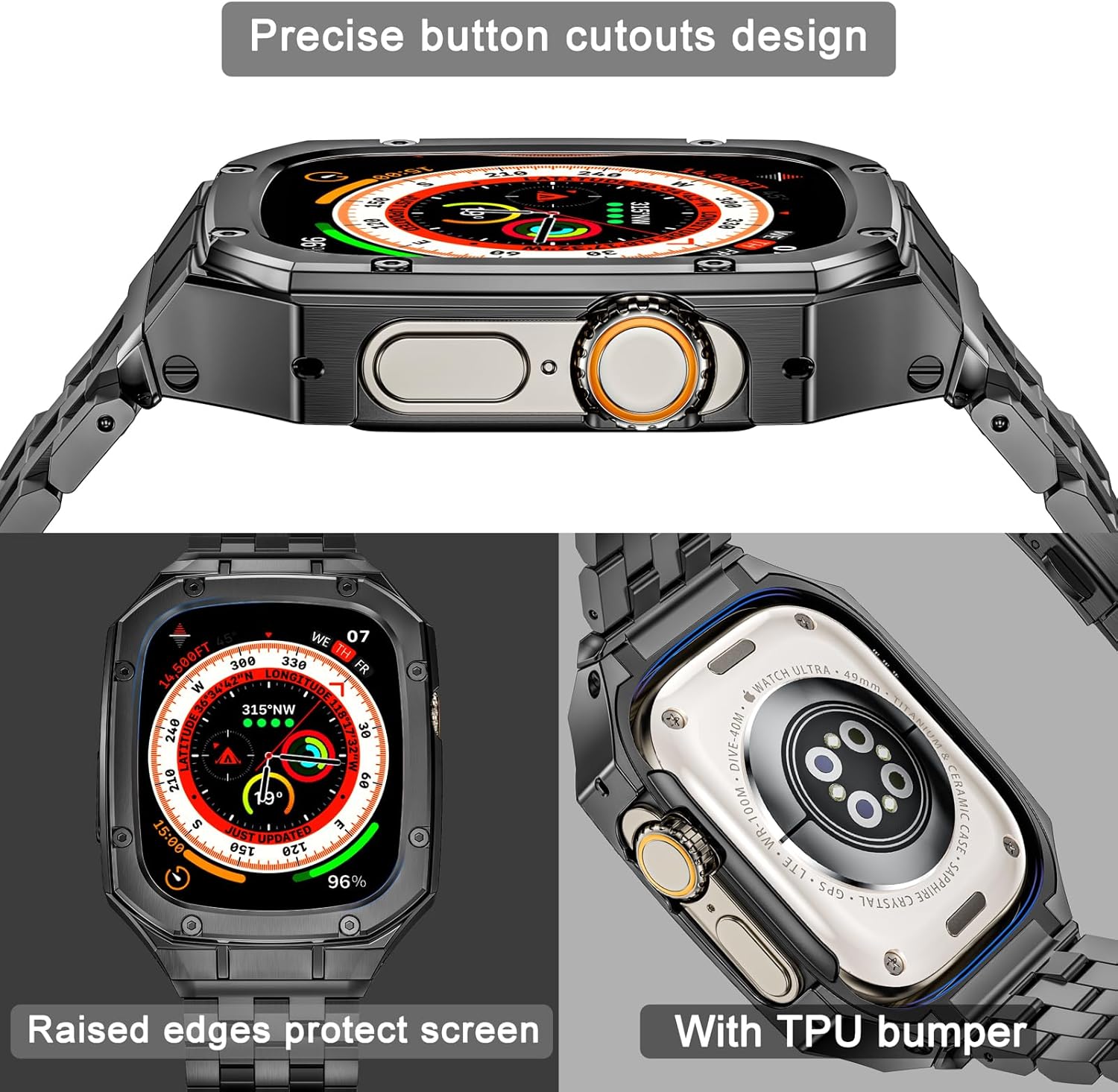 MioHHR Stainless Steel Watch Case with Bands Compatible with Apple Watch Band 49mm(Ultra 3/2/1), Metal Cover Bumper with iWatch Bands for Apple Watch 49mm Ultra 3/2/1, Space Gray - Image 3