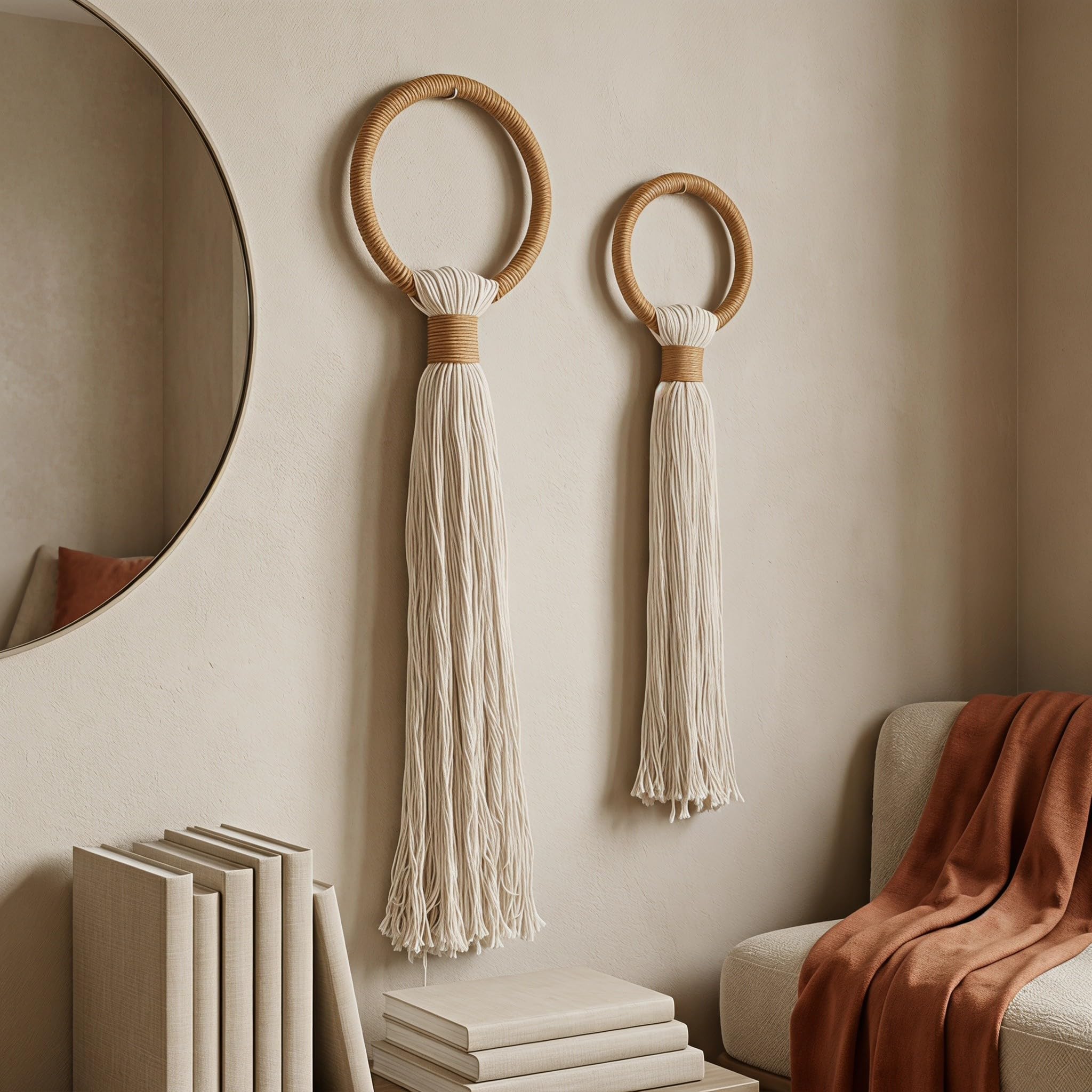 Generic 2 sztuki makramy na ścianę – dekoracja ścienna w stylu boho z frędzlami – girlanda w stylu boho z frędzlami do pokoju dziecięcego, na imprezę, wesele, do sypialni, na kominek lub jako tło do