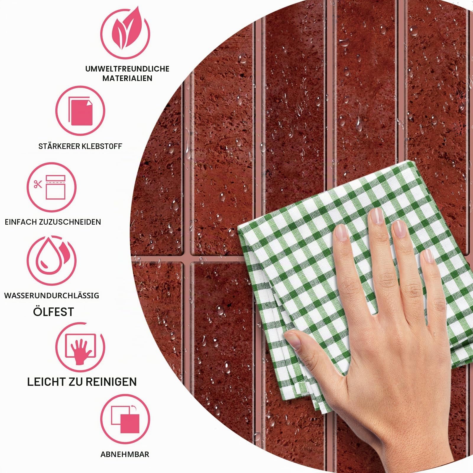 Alwayspon 20×25cm/7,9×10Zoll×10Stk Rote Marmor-Stil 3D Vinyl Spritzschutz Fliesen, selbstklebende Abzieh- und Aufklebefliesen Klebefliesen für Subway Fliesen Küche Badezimmer Dekor