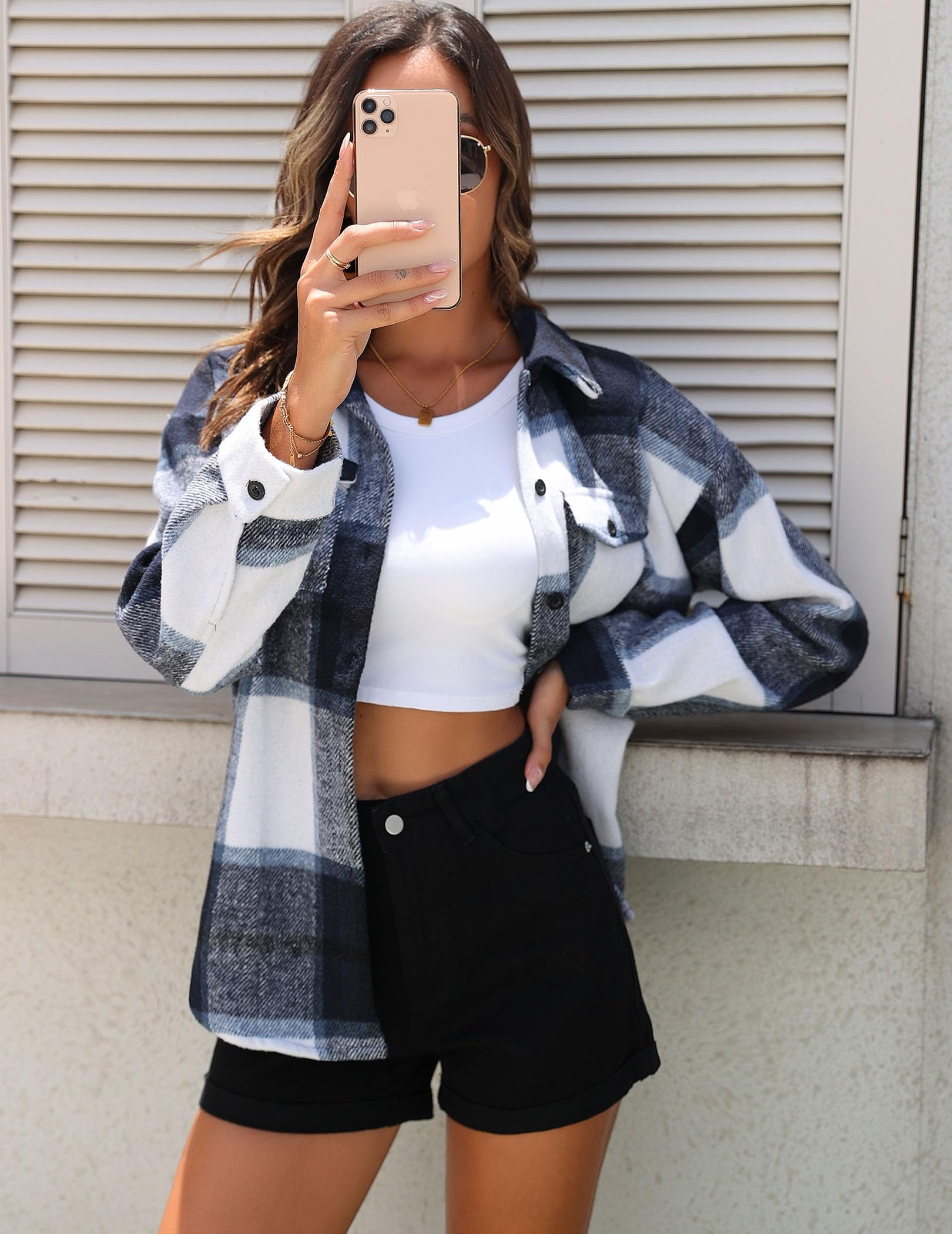 Zeagoo Chaqueta de camisa para mujer Chaqueta a cuadros de manga larga Shacket Abrigo de franela Camisa blusa con botones