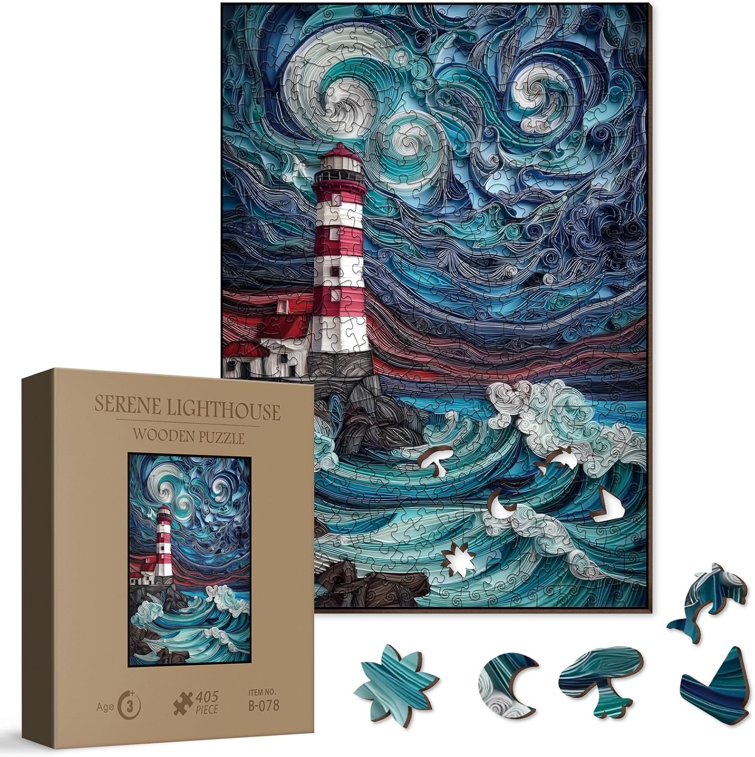 BBOLDIN Lighthouse Wooden Puzzle for Adults 405 Pieces - Unique Shape Scenic Sea Landscape Jigsaw, Premium Basswood