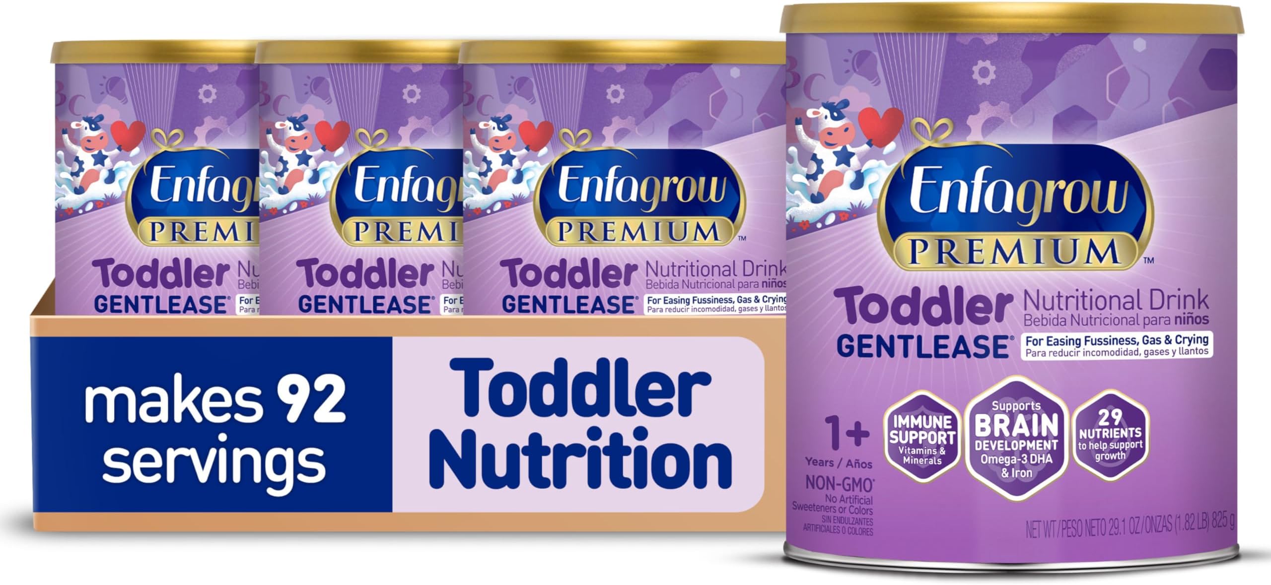 Enfagrow PREMIUM Gentlease Toddler Nutritional Drink, Made with Real Milk, Designed to Ease Fussiness, Gas & Crying, Nutrients for Growth & Immune Support, Powder Can, 29.1 Oz (Pack of 4)