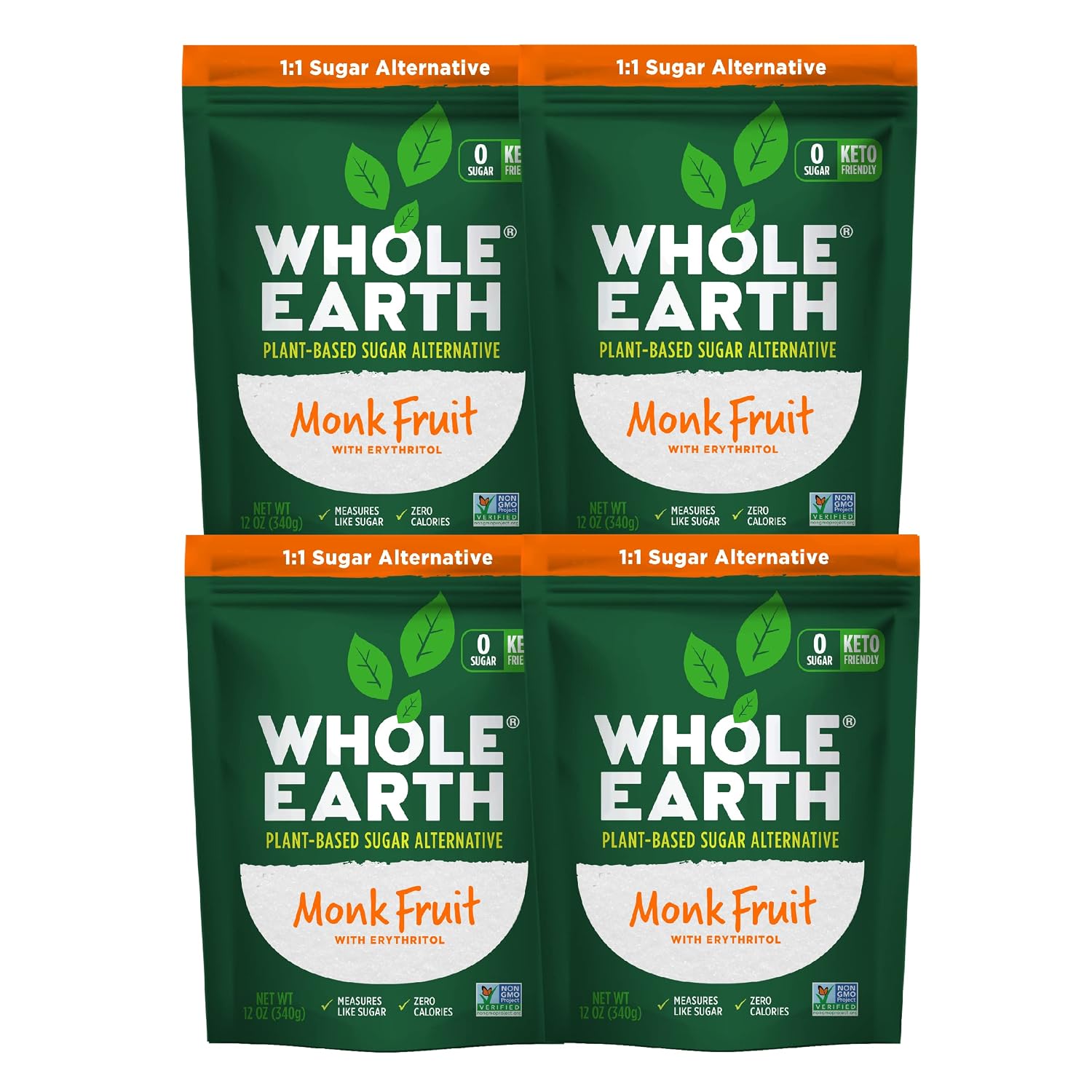 Whole Earth Sweetener Monk Fruit Sweetener with Erythritol, Plant-Based Sugar Alternative, 12 Ounce (Pack of 4)