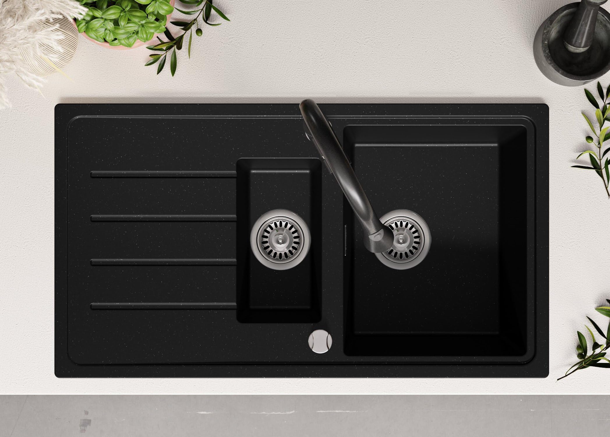PRIMAGRAN Spülbecken Schwarz Metallic - Kopenhagen Duo, 90x50cm | Granitspüle 1,5 Becken + Zuberhor-Set, Küchenspüle ab 60er Unterschrank (S038)