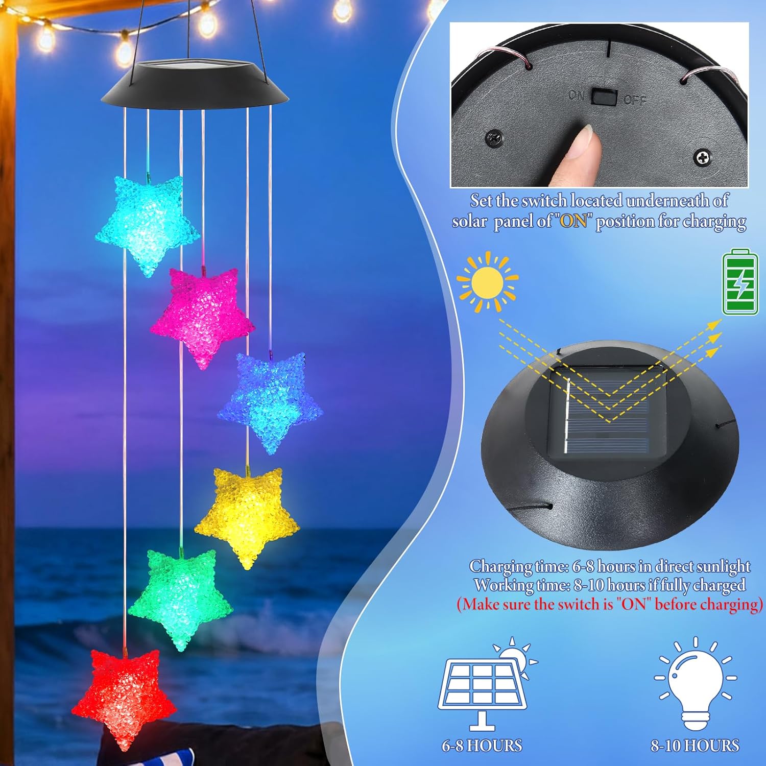 LOMOHOO Solar Star Wind Chimes Outdoor Color Changing Lights, Gift for Women Mom Grandma, Waterproof Solar Wind Chime for Outside, Decorative Mobile LED Lights for Garden Patio Yard Porch Decor - Image 3