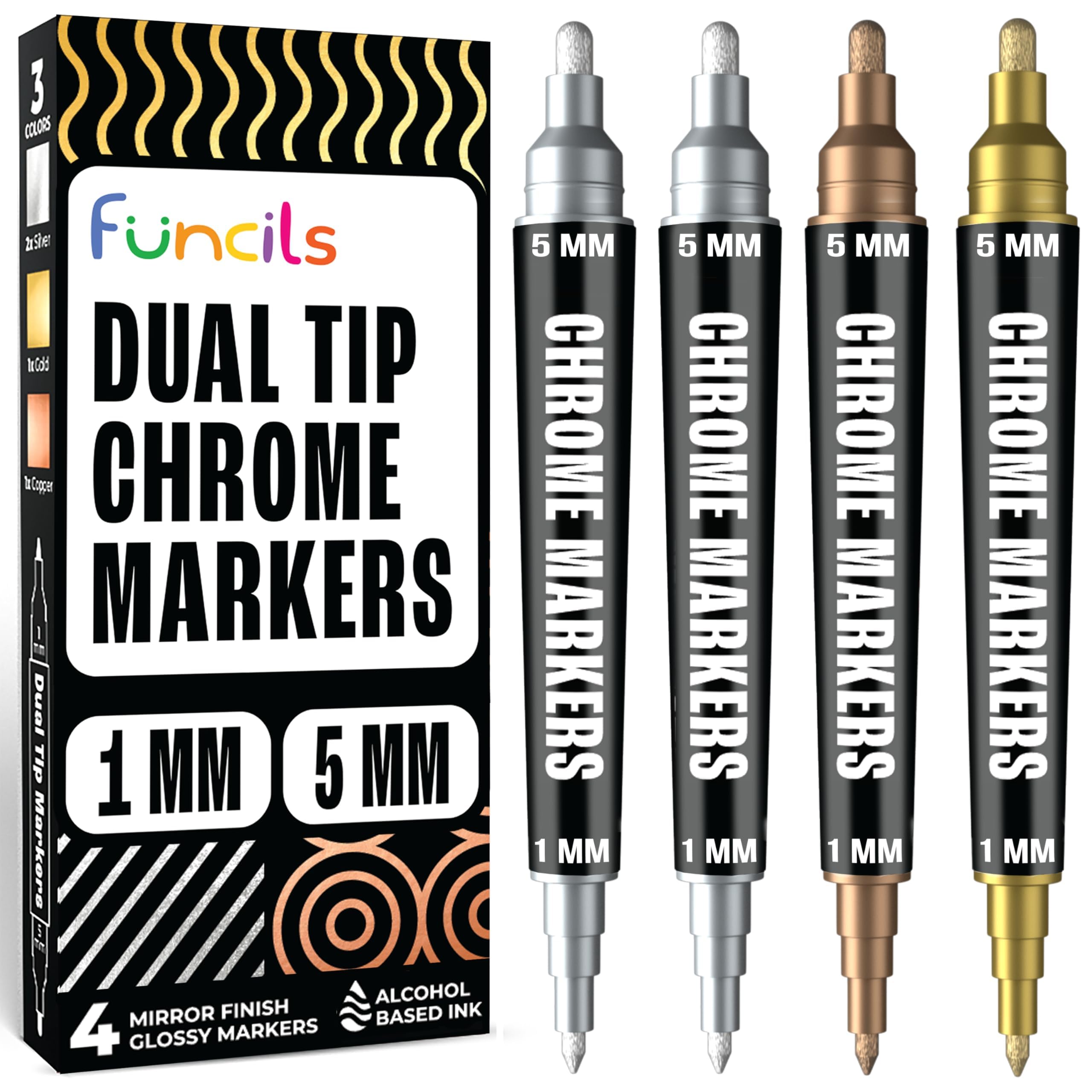 Chrom Lackstift Set - 4 Lackstifte Dual Spitze: 2x Silber, 1x Gold, 1x Kupfer | Lackstift Silber Metallic Auto, Chrom Farbe Gold, | Silberstift Metallic wasserfest für Auto, Glas, Metall