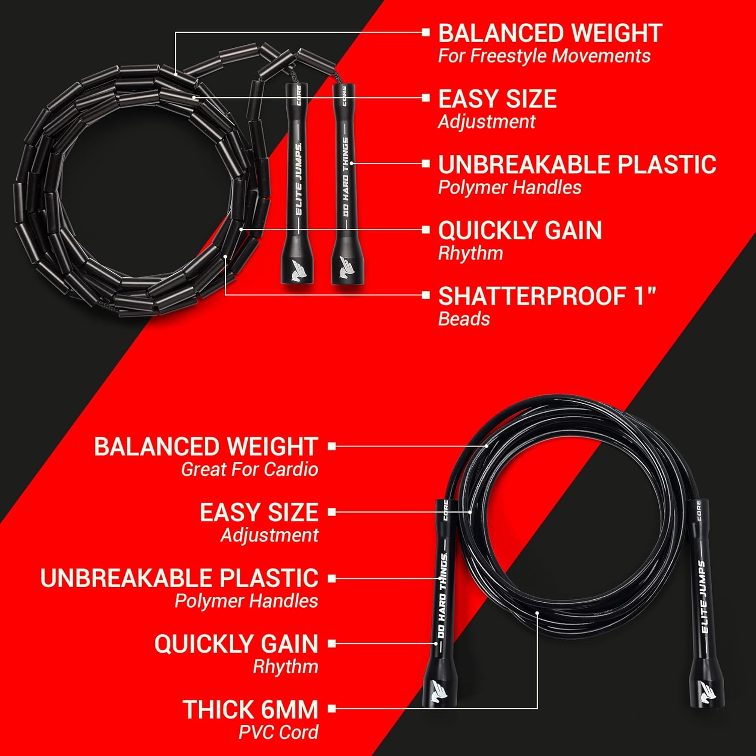 Elite Jumps Progression Duo | PVC Jump Rope + Beaded Jump Rope Combo | Adjustable Fitness Ropes for Cardio, Speed, and Agility Training | 2-Pack Skipping Ropes for Men, Women & Athletes