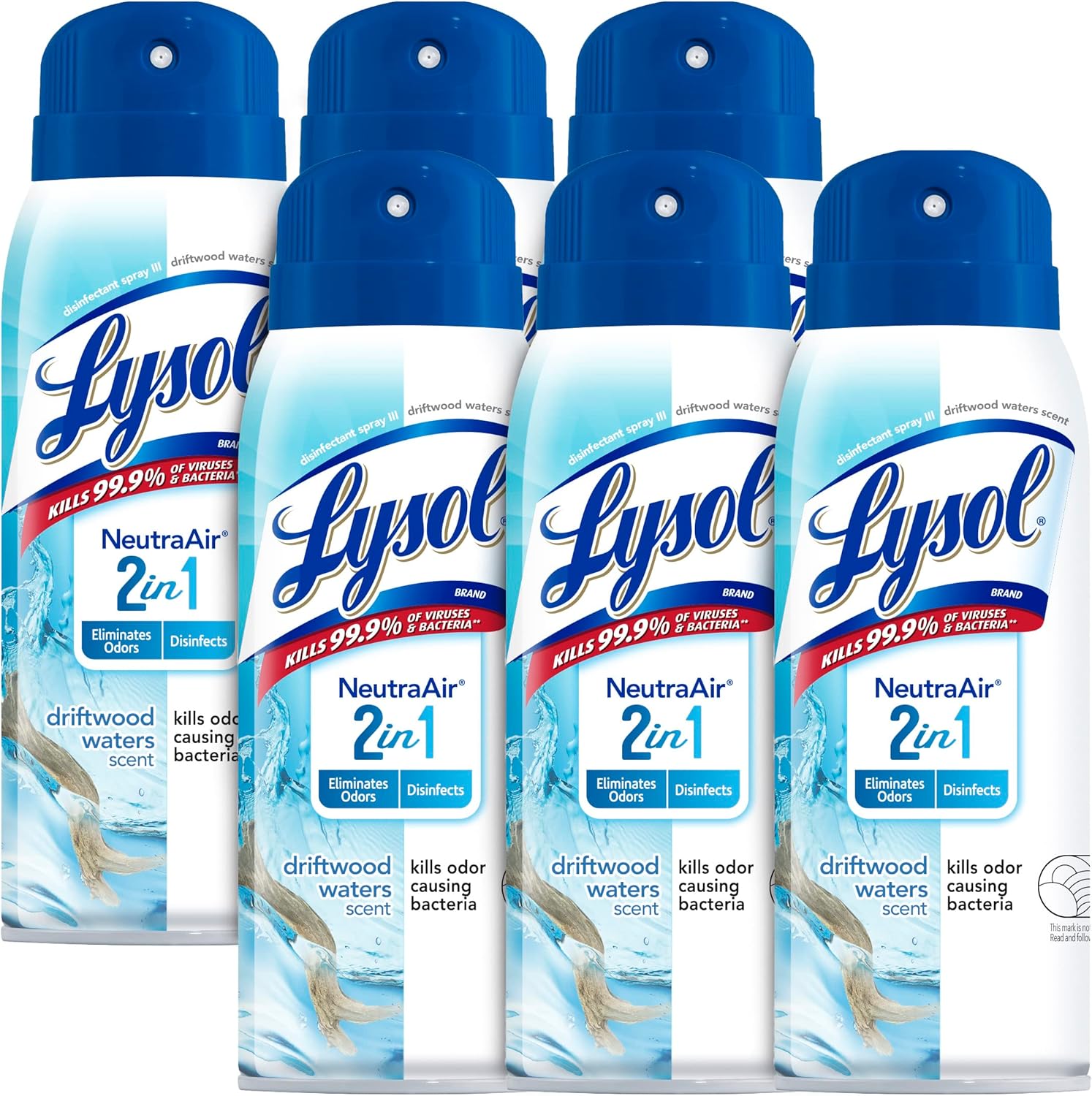 Lysol Neutra Air 2 in 1, Disinfectant Spray, Eliminates Odor, Driftwood Waters, 6 Pack (6x10 oz), Air Freshener
