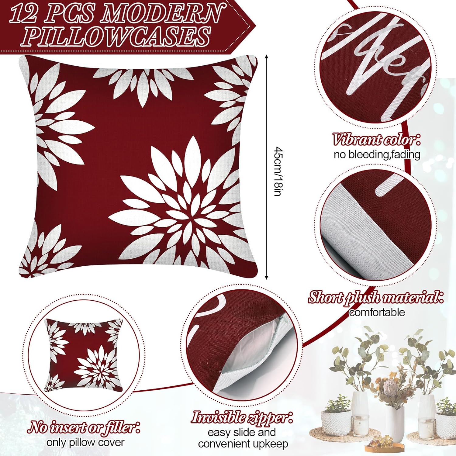 Flutesan 12 Pcs Decorative Throw Pillow Cover 18 x 18 Inch Modern Sofa Pillow case Geometric Floral Linen Square Cushion Covers for Home Living Room Bedroom Couch Chair (Red)