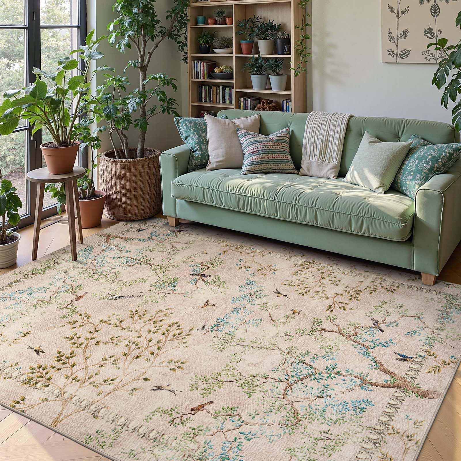 jinchan Yarden Botanical Birds 5x7 Beige Area Rugs for Living Room Washable Non Slip Soft Nature Plants Modern Kids Carpet Vintage Ultra Thin Low Pile