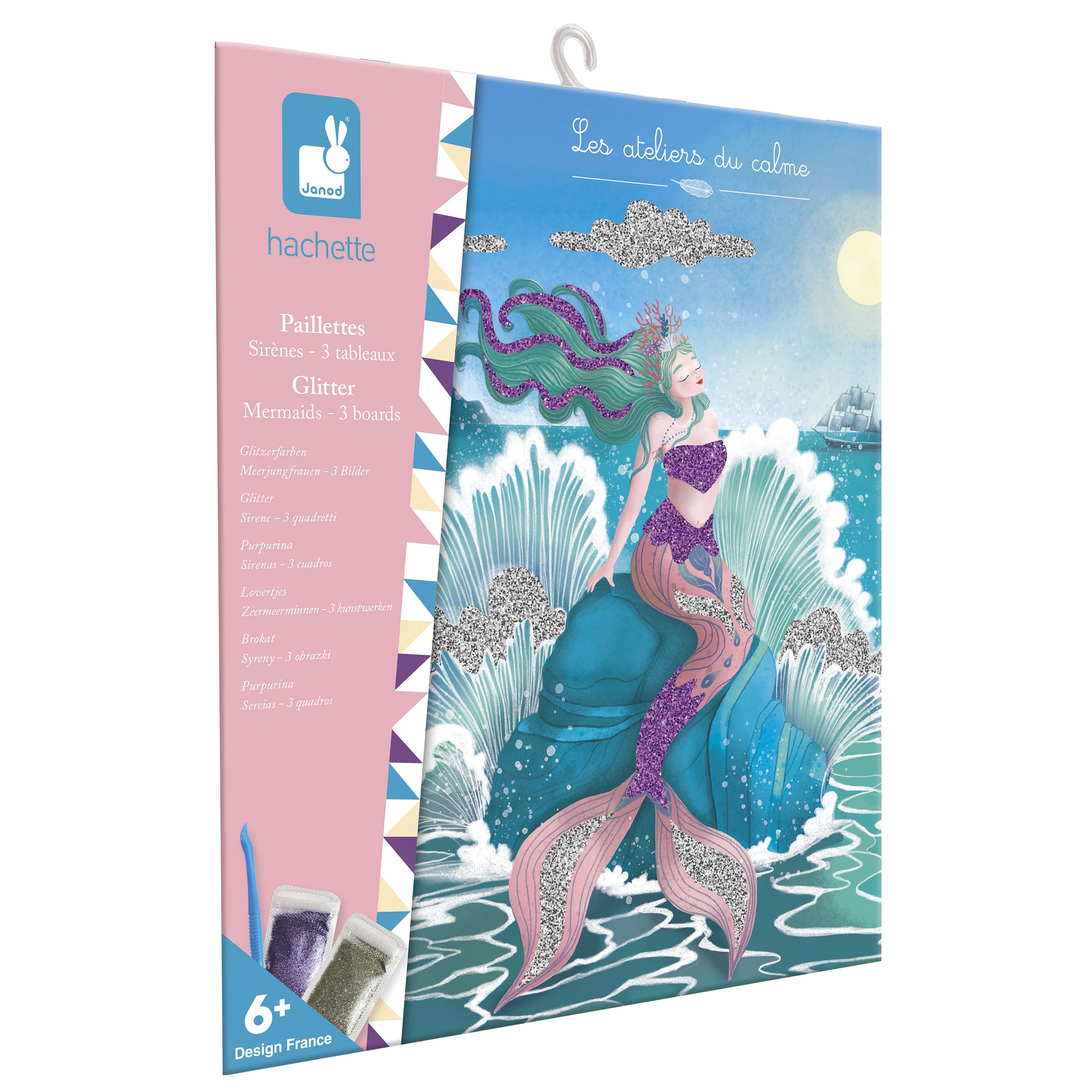 Janod - Mermaid Glitter Set - 3 Pictures to Decorate with Glitter - Creative Leisure Kit for Children - Fine Motor Skills and Creativity Learning - ages 5 and up