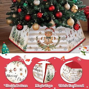 Farmhouse Rustic Christmas Tree Skirt, Apricot Beige Christmas Tree Collar for Artificial Trees, Hexagonal Trees Skirts for Holiday Party White Stripe Xmas Decoration