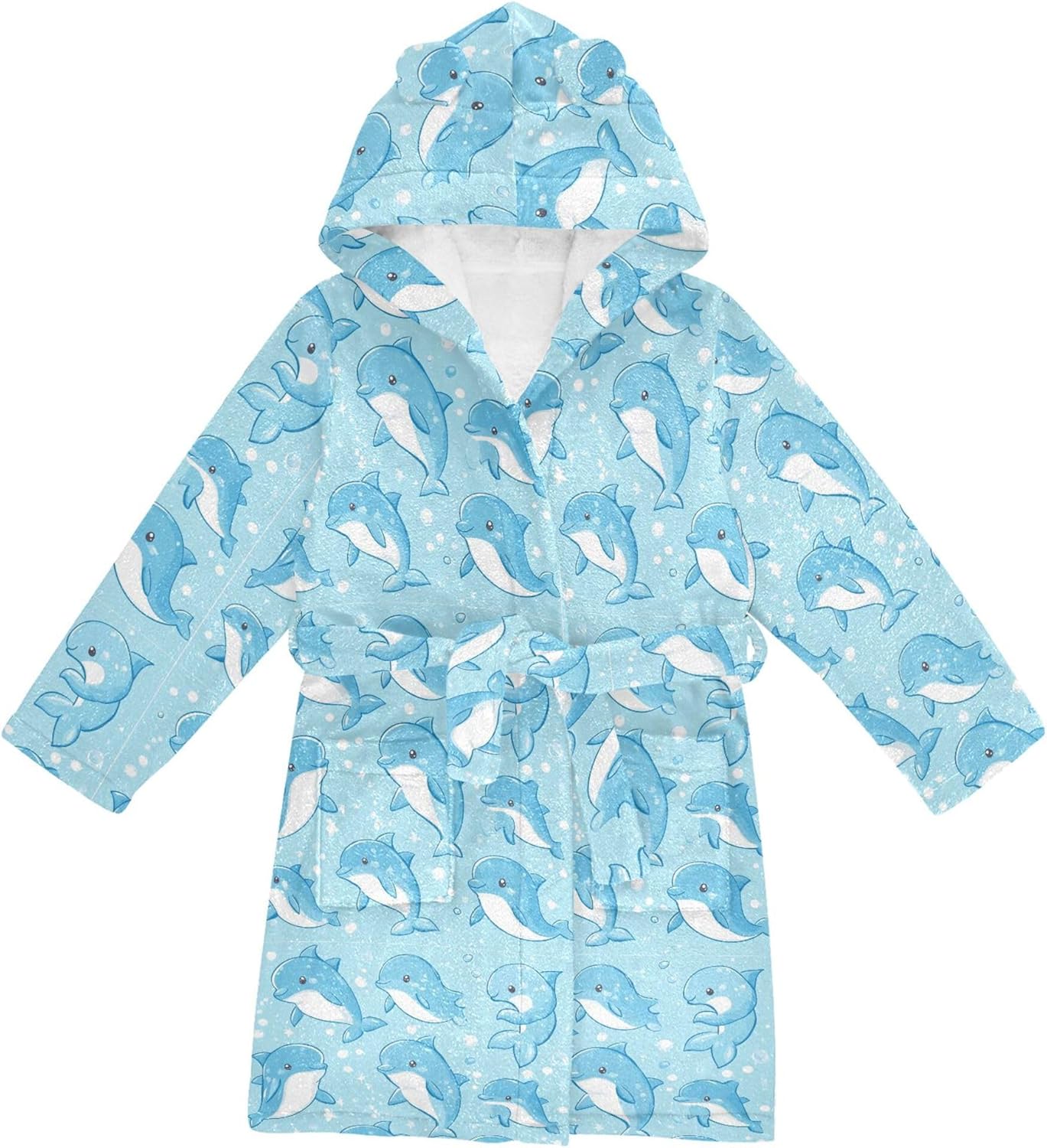 Cartoon Dolphins Bathrobe Hooded PJ Robe Plush Fleece Robe Pajama Sleepwear 2-12 Years