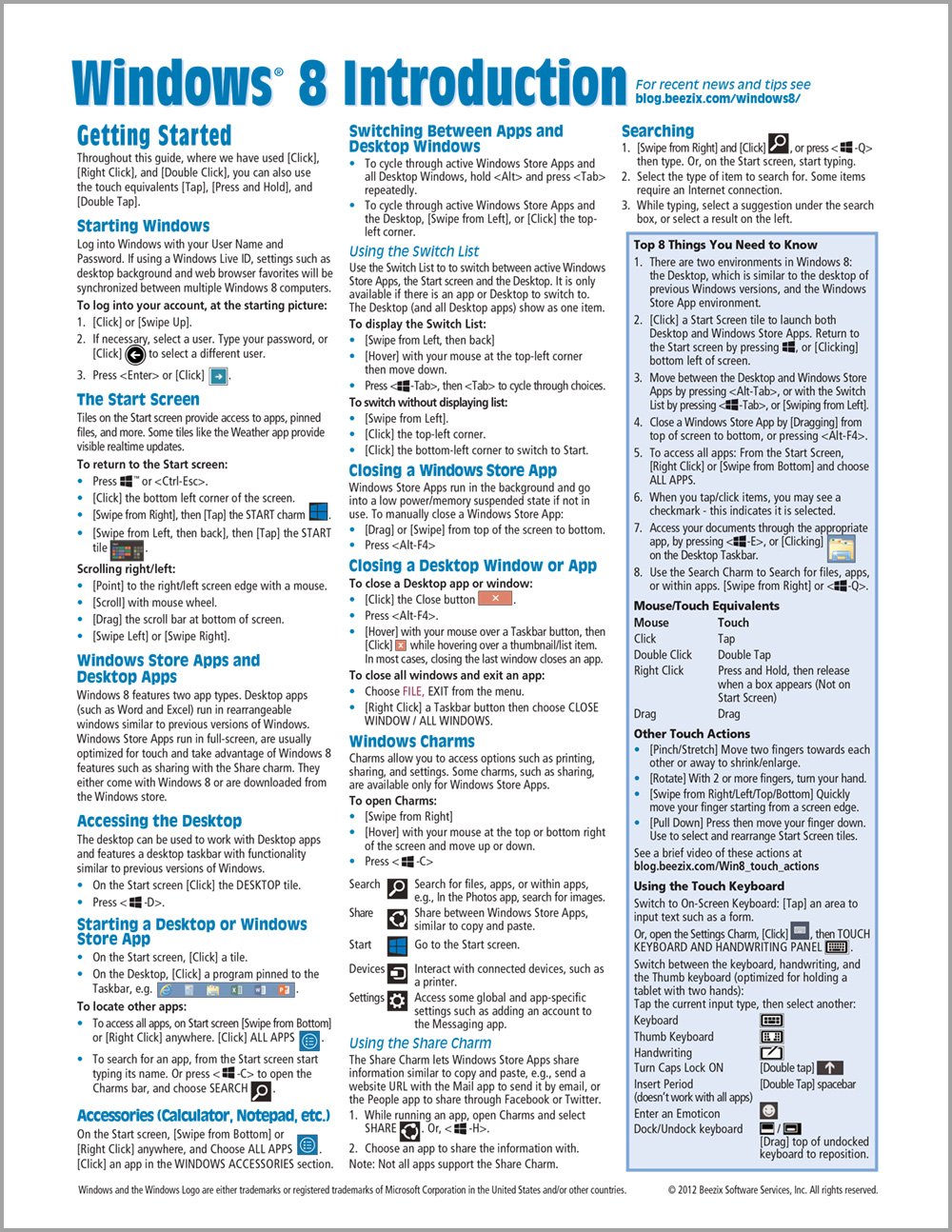 Windows 8 Quick Reference Guide (Cheat Sheet of Instructions, Tips & Shortcuts - Laminated)