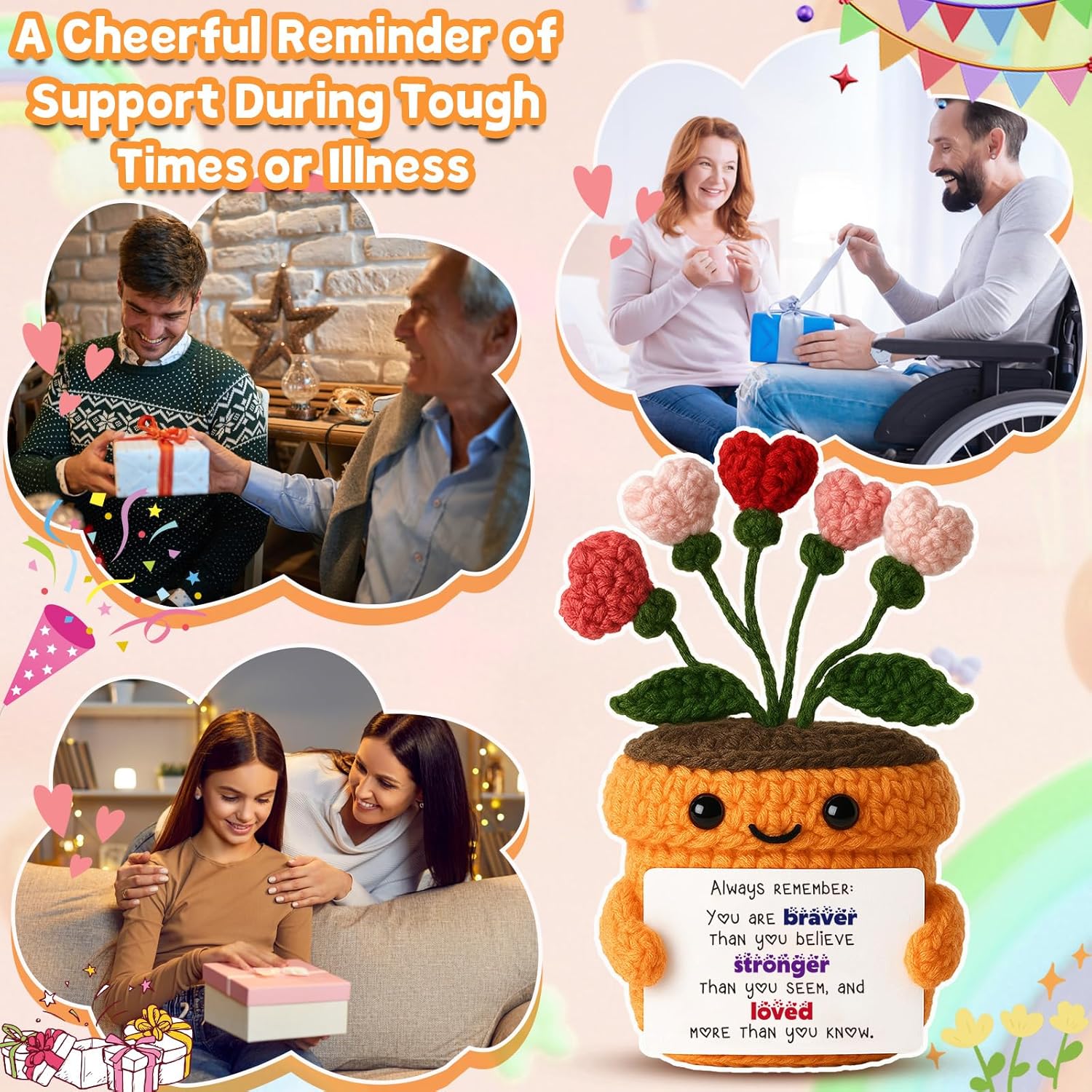 Inspirational Gift - Handmade Crochet Heart Flower Plush with Uplifting Message Card - Encouragement Present for Women, Friends, Students, Recovery & Everyday Motivation