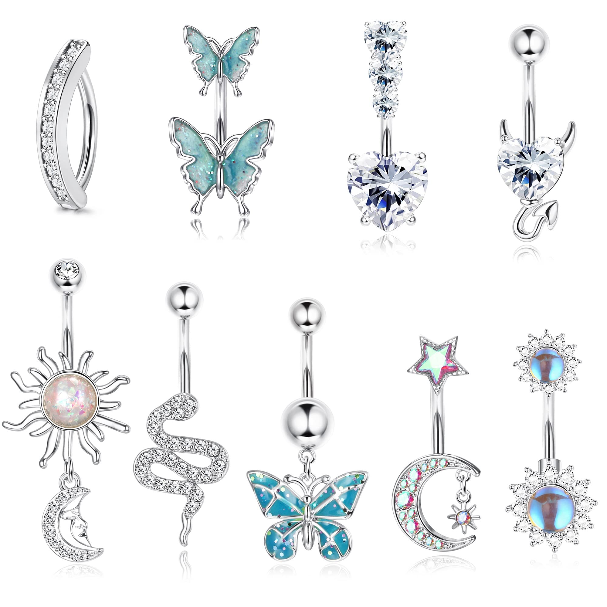 MILACOLATO 10Pcs 14G Barras De Ombligo para Mujeres Barra De Vientre De Acero Inoxidable Corazón Serpiente Mariposa CZ Dangly Barras De Ombligo Piercing Jewellery Ombligo Joyería De Perforación