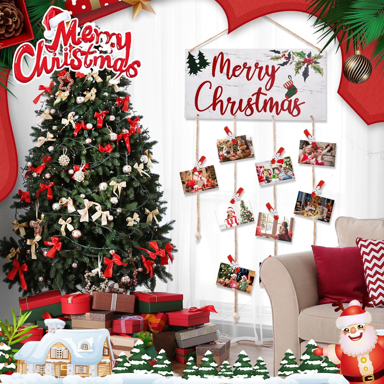 Portatarjetas de Navidad de madera para colgar en la pared con 30 clips de madera de copo de nieve para decoración navideña, decoración rústica de pared para oficina en casa (blanco)