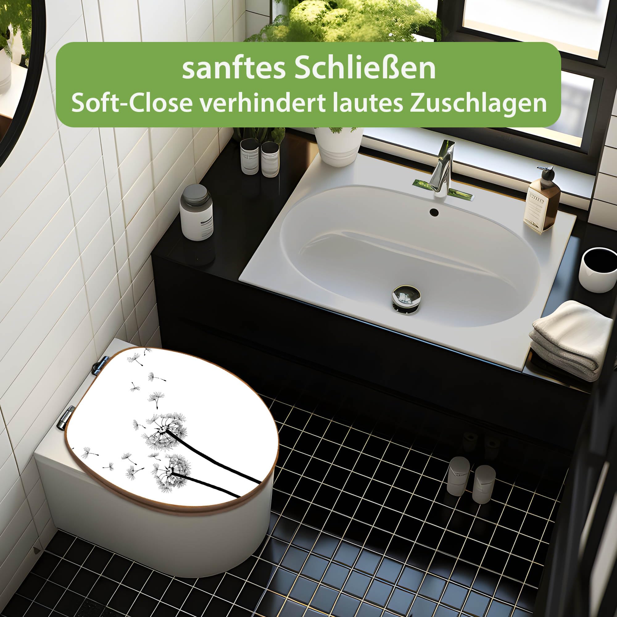 banjado Design WC Sitz Bambus Absenkautomatik 45,8x37,5cm - Toilettendeckel mit Absenkautomatik Holz - hochwertiger Bambus Klodeckel - WC-Sitz für gängigen Toiletten - Motiv Pusteblume 2