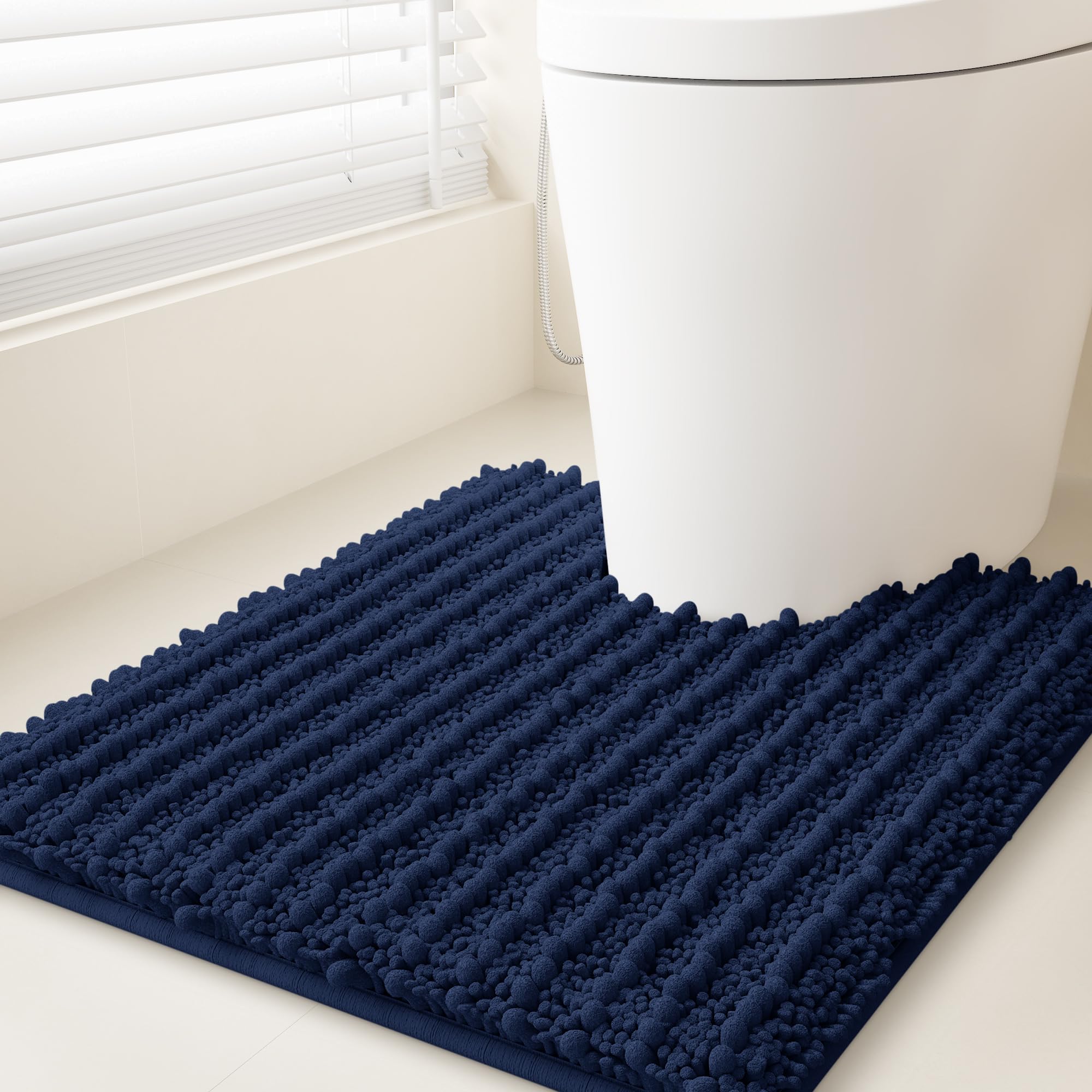 ACCUMTEK Upgrade Luxury Navy Blue Toilet Bathroom Rug Mat 24" x 20" Contour Rug, Ultra Soft Thick Absorbent Bath Mats, Non Slip Chenille Toilet Mat