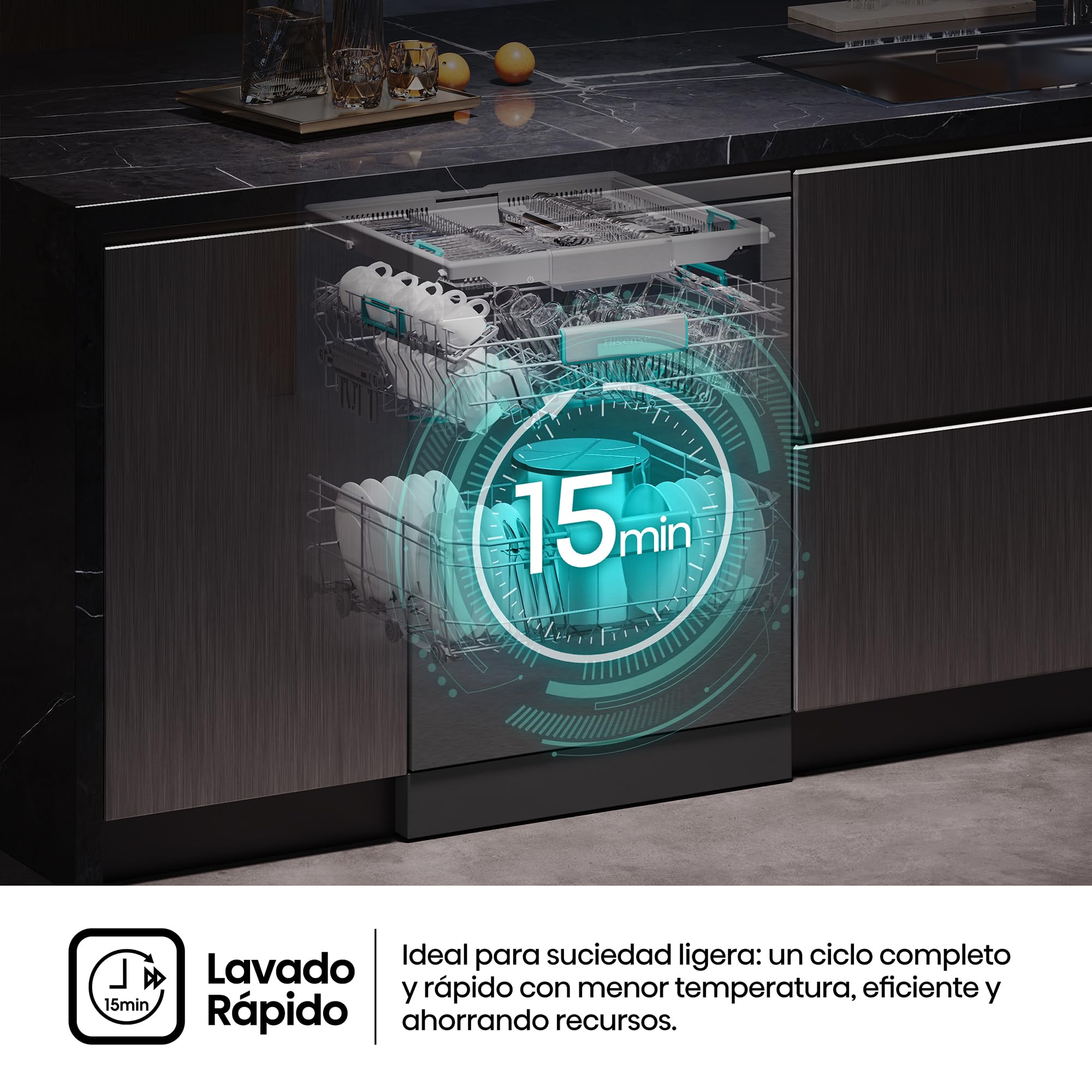 Hisense HS693A90ADBX - Lavavajillas Clase A, 16 Servicios, Fondo 60cm, Pantalla TFT Vision Plus 6.86", Super Wash IA, Programa ECO IA, Secado All Dry, Media Carga Auto, Tercera Bandeja, Inox
