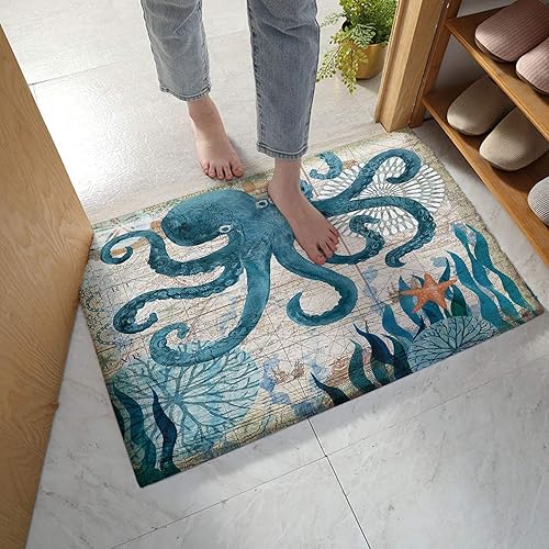 Alfombra de baño esponjosa de monstruo de pulpo marino, antideslizante, con diseño de estrellas de mar y animales marinos, alfombra suave y
