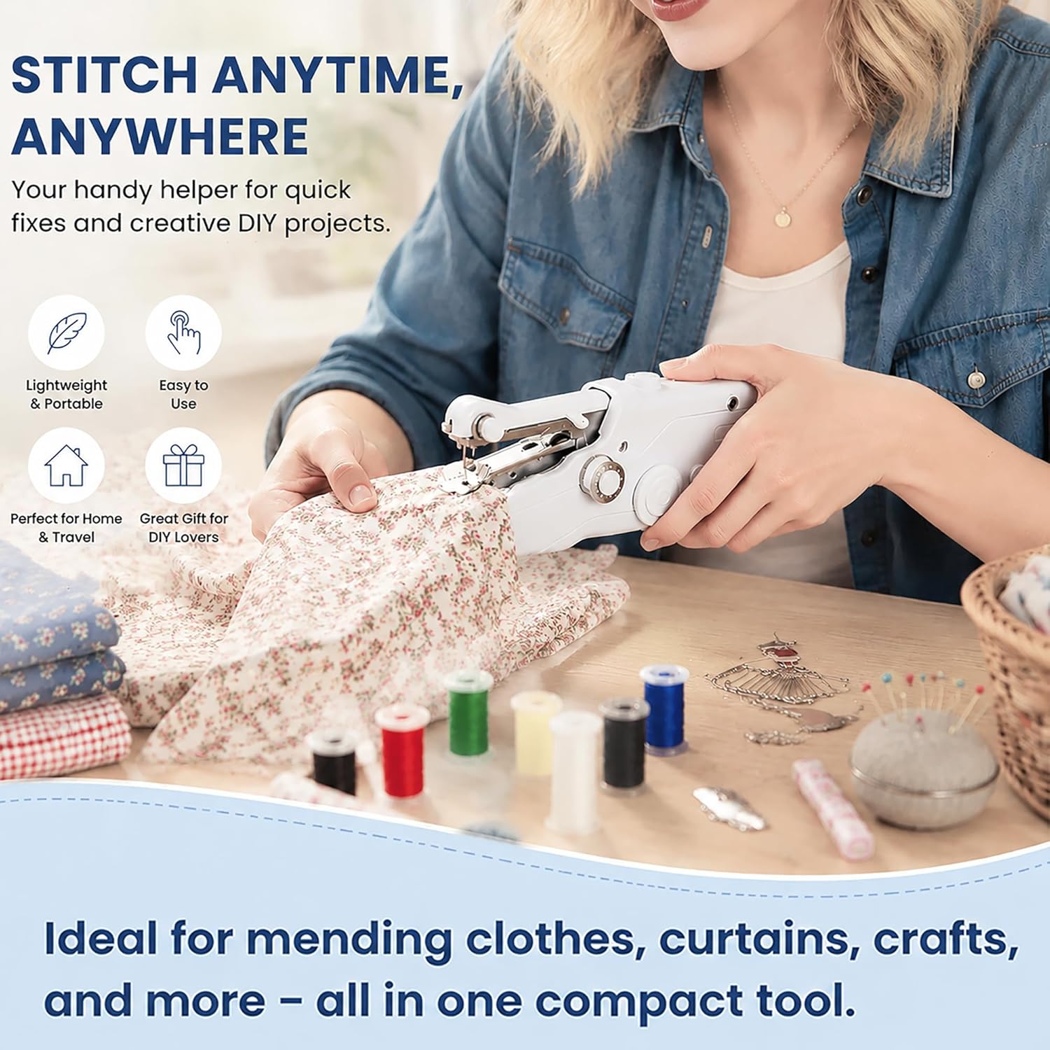 Handheld Portable Sewing Machine – Includes Needle & Thread Kit, for Beginners, Plug-in Electric Single Thread Mini Mender, for Quick Clothing Jeans Repairs, Home Travel DIY (White)
