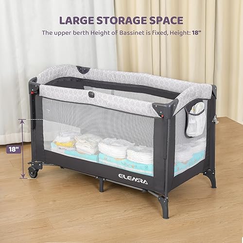 Miniatura 6 de ELEMARA Moisés ancho 3 en 1 para bebé con lateral ajustable, cama de noche de malla con colchón, sábana, bolsillo de almacenamiento, ruedas y