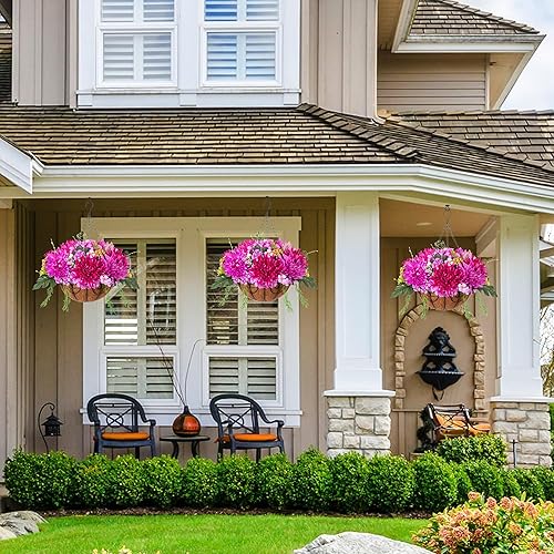 Miniatura 9 de HyeFlora Cestas de flores artificiales para decoración de exteriores, flores falsas de seda fucsia, crisantemo sintético de verano, resistentes a