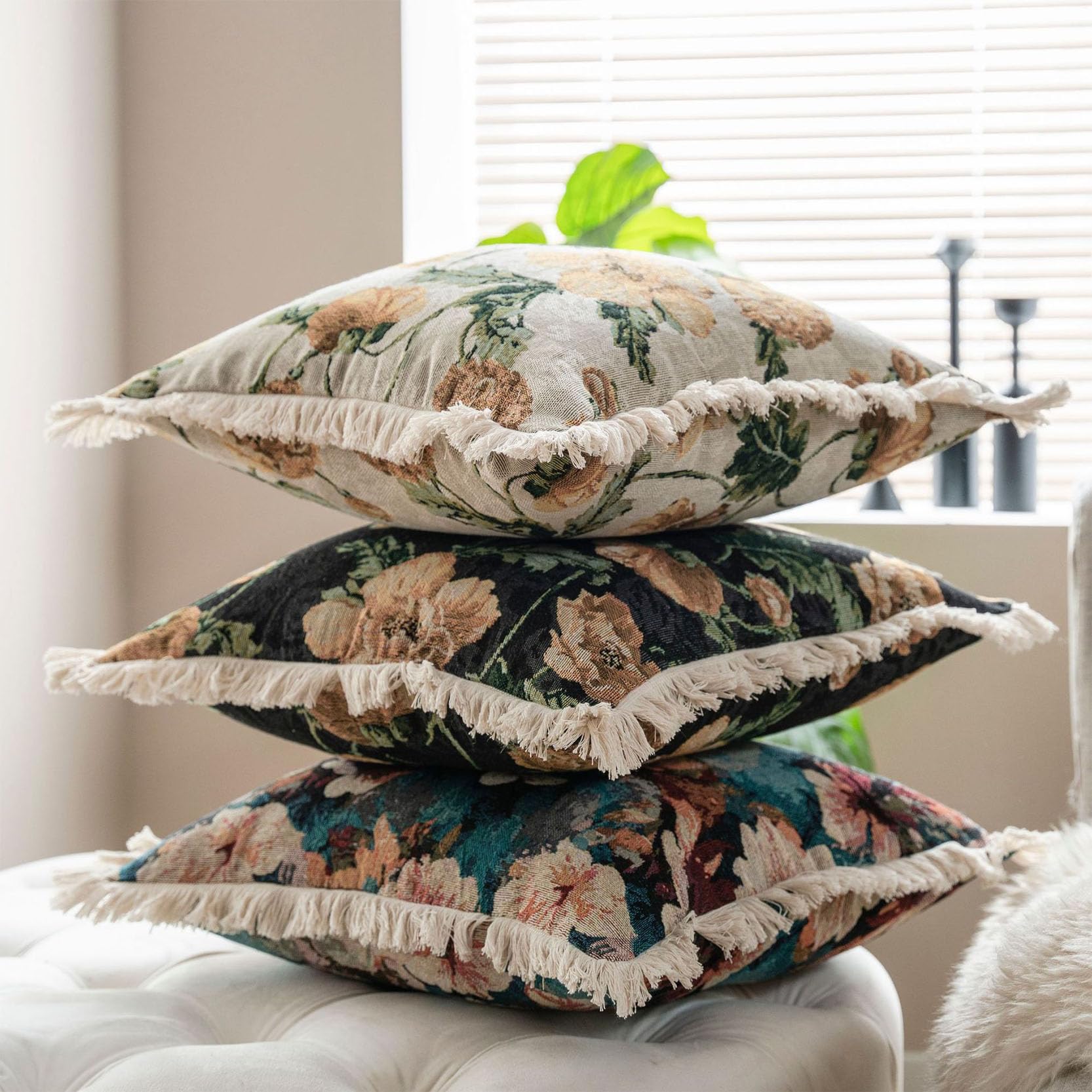 Funda de Almohada Decorativa Seda Estilo Chino, Fundas cojín Jacquard 45 cm/60 cm, Juego 2, Funda Cuadrada con Borde borlas, for sofá(A,60x60CM)