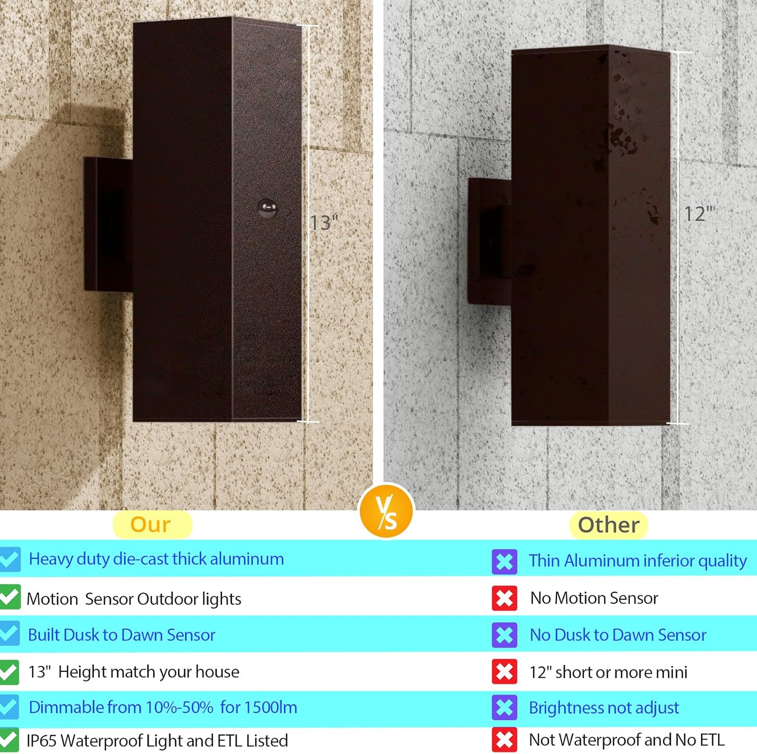 Motion Sensor Outdoor Wall Lights 2-Pack, Dusk to Dawn Exterior Light Fixtures with 3 Lighting Modes, 13'' Up Down Porch Lights with 15W LED Bulbs, Waterproof Wall Sconce for House, Patio, Garage