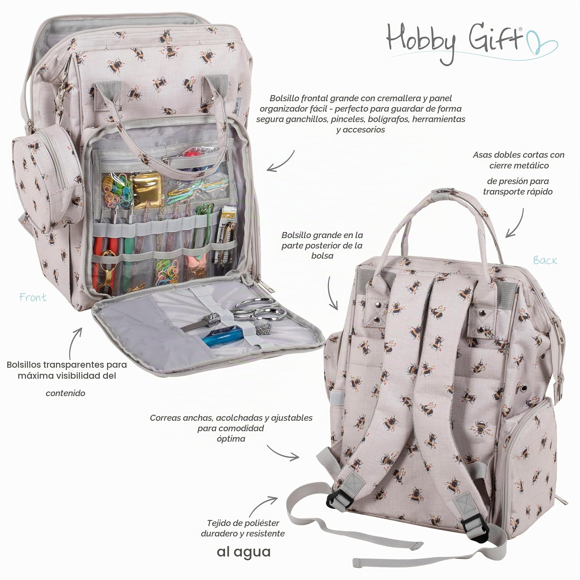 Hobby Gift Mochila Crafters Bee: Mochila Duradera e Impermeable para Guardar Hilos con múltiples Compartimentos, Panel Organizador y Orificios Reforzados para Hilos, 28x24x43cm