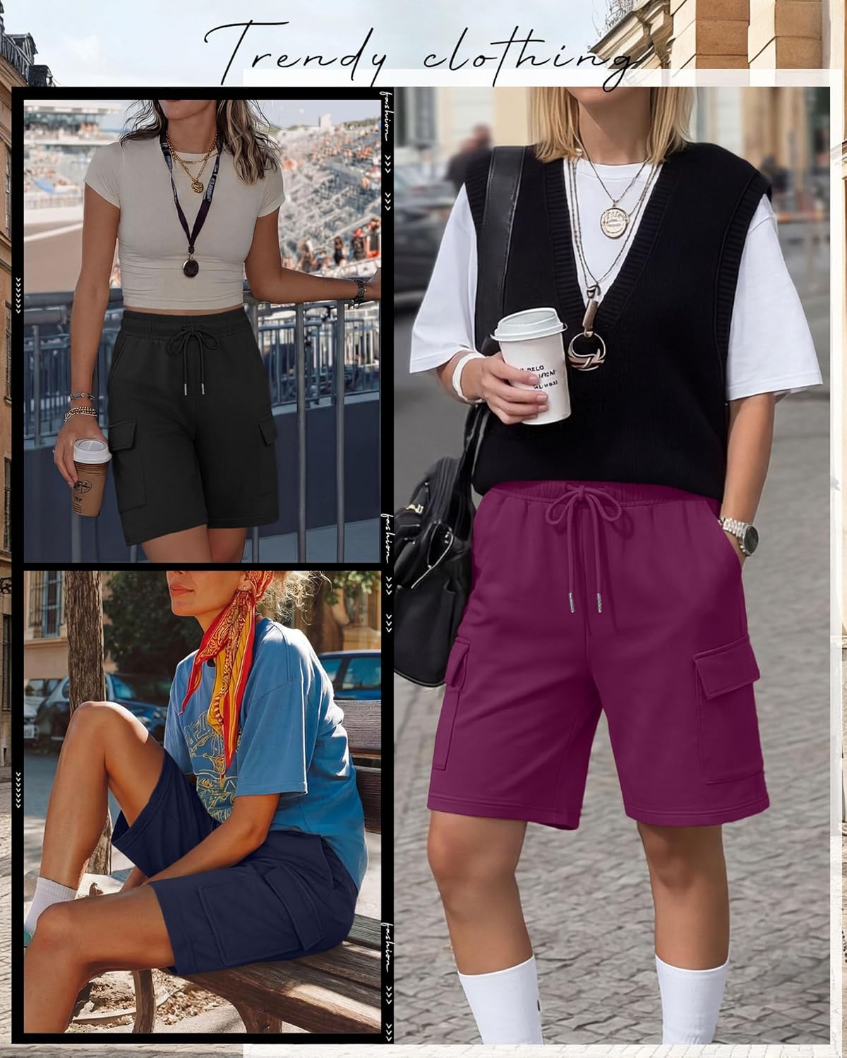 3 Pack Women's Cargo Bermuda Shorts Ladies Knee Length Athletic Short Summer Casual Hiking Clothing with Pocket